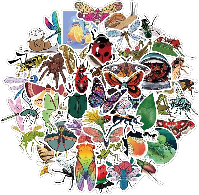 Affoto 50PCS Insect Butterfly Bugs Stickers for Laptop,Gift for Children Teens Adults Kids,Waterproof Animal Stickers for Scrapbook Water Bottle,Aesthetic Stickers for Skateboard Journal Wall Car