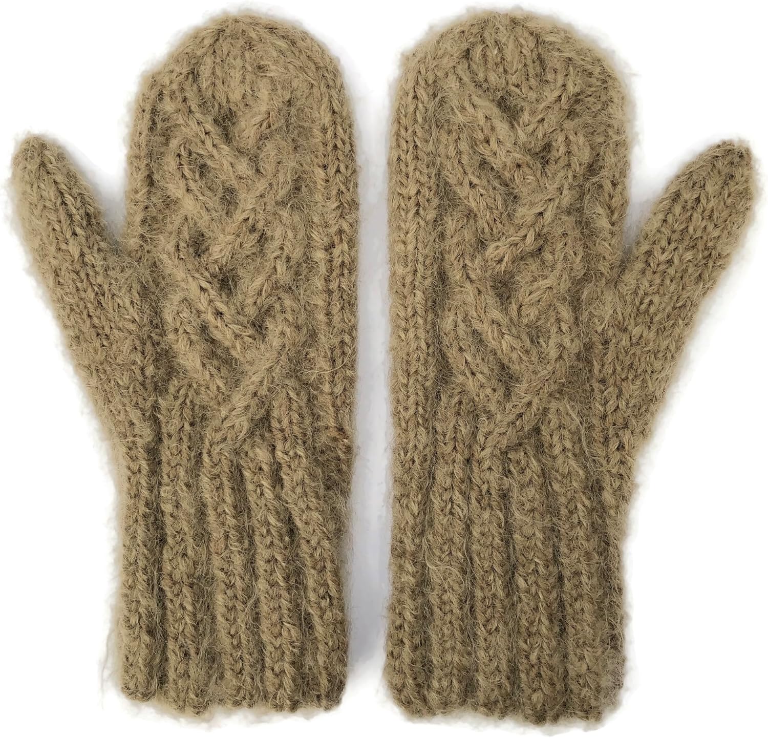 Camel Brown Mittens Hand Knit Wool and Mohair with Celtic Twist Cable