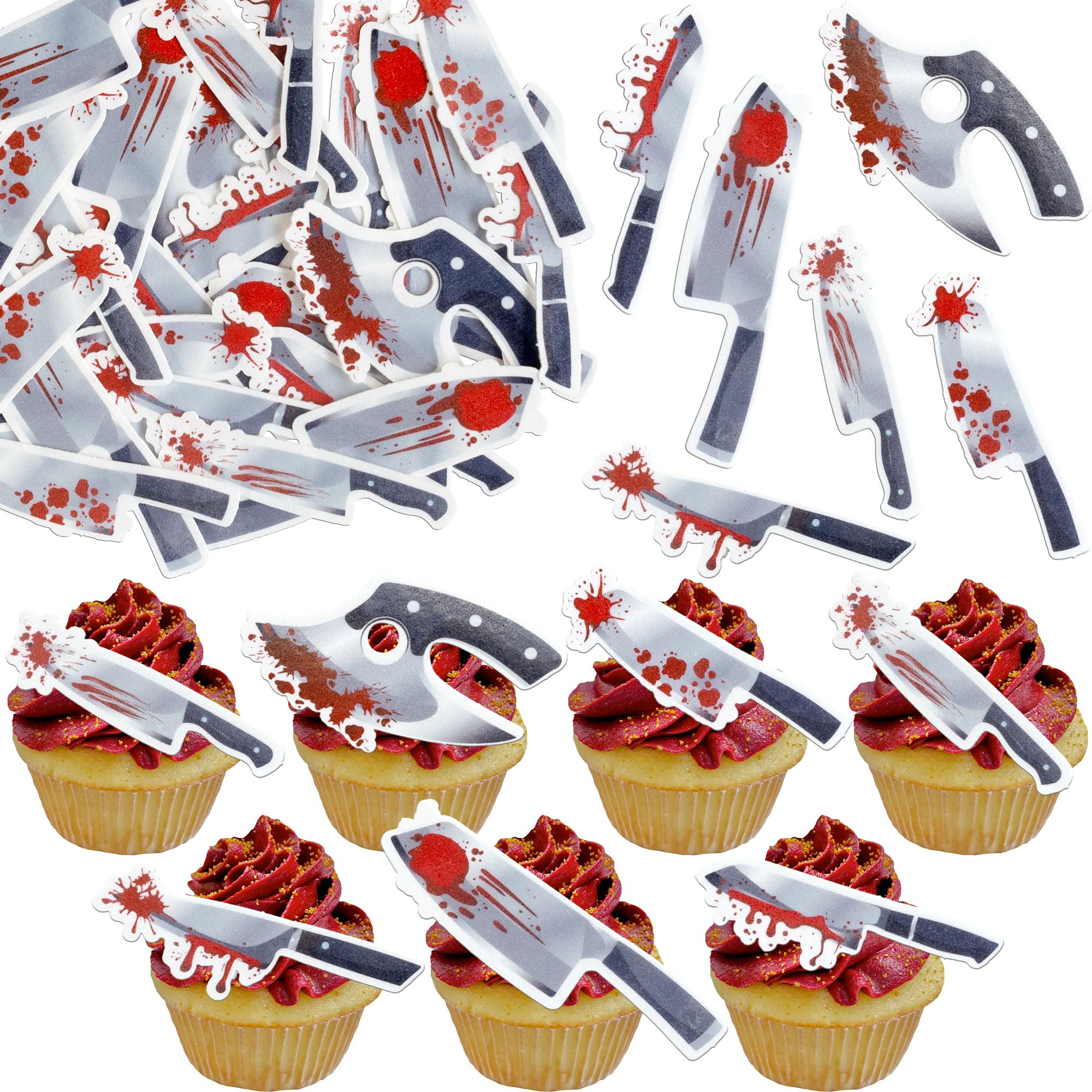Gyufise 56Pcs Edible Blood Knives Cupcake Toppers Edible Bloody Saw Knife Killer Cupcake Picks for Blood Halloween Day Crime Party Decors Halloween Birthday Party Supplies Red Silver