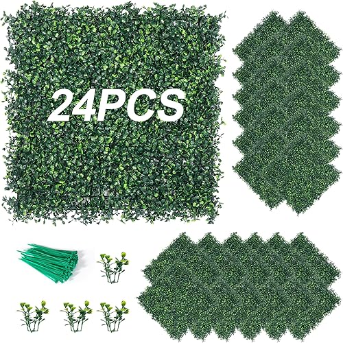Miniatura 10 de 12 paneles de pared de hierba de boj artificial, planta de seto topiario, paneles de fondo de pared verde sintético de 20 x 20 pulgadas, pantalla de