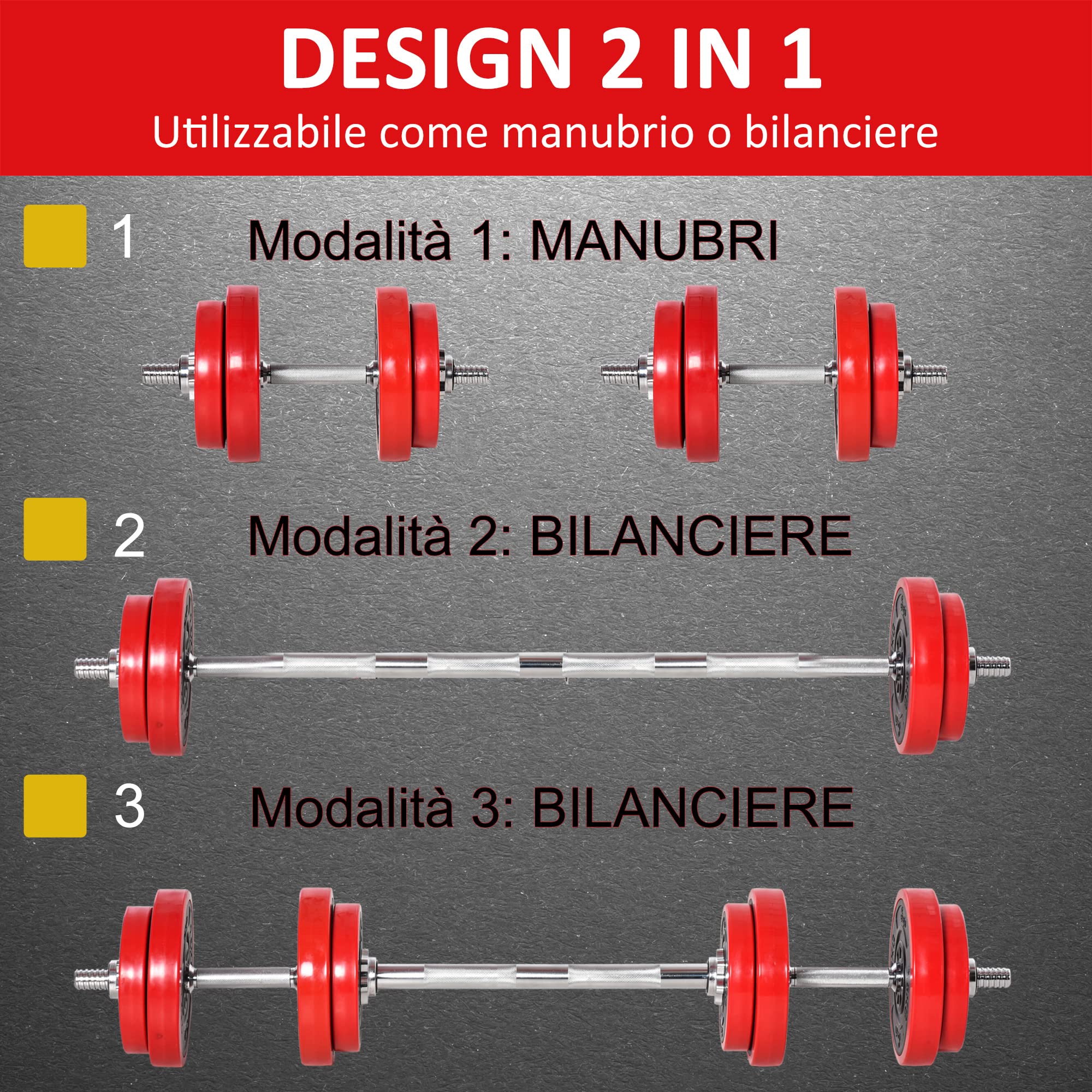 HOMCOM Set di Manubri Pesi 2 in 1 da 20/30kg, Dischi con Rivestimento in Plastica Antigraffio, Rosso e Nero