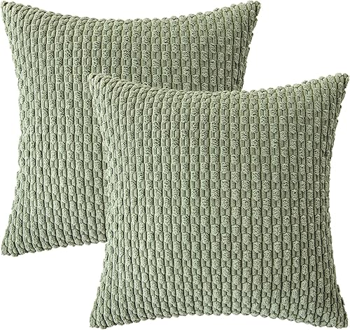 Miniatura 6 de Paquete de 2 fundas de almohada de pana suave de 18 x 18 pulgadas, color verde salvia para sofá, cama y sofá