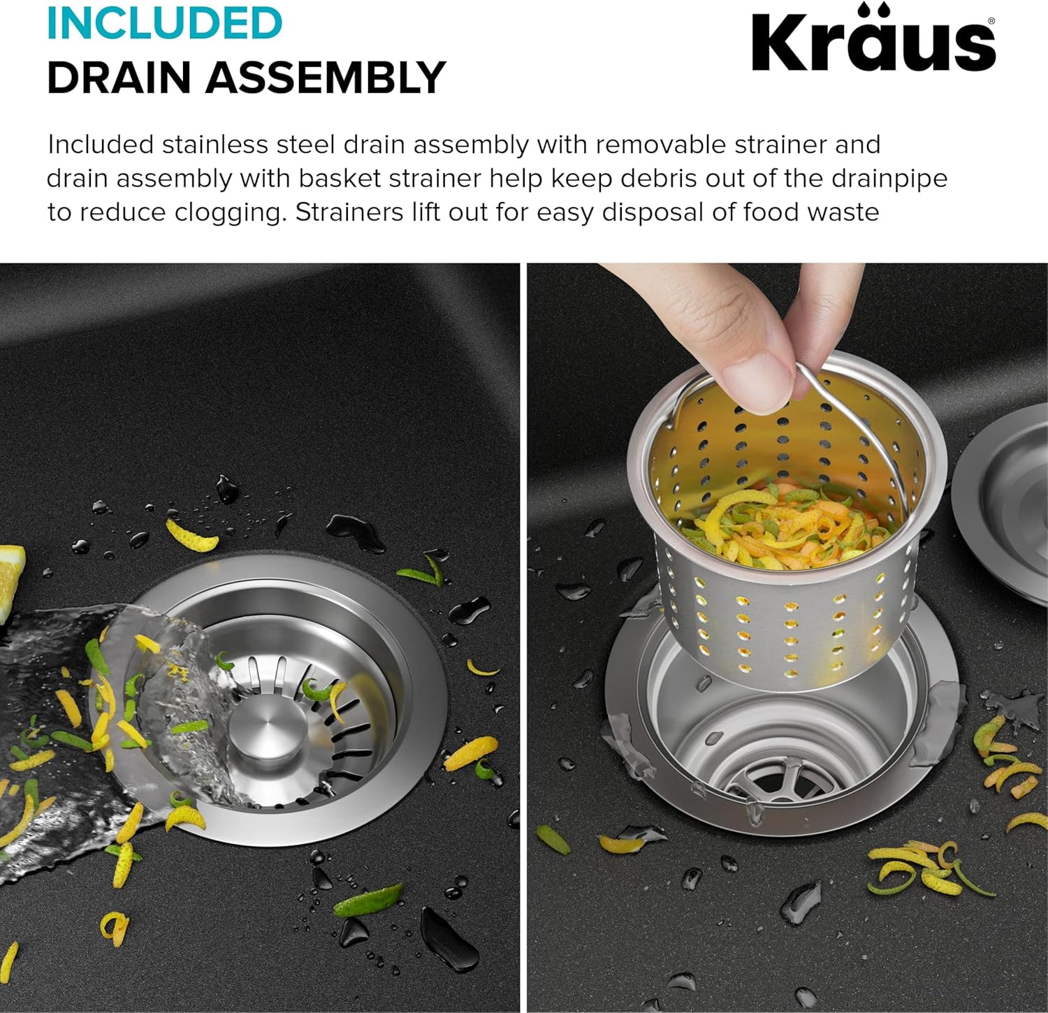 Close-up images of the KRAUS Quarza sink drain assembly, showing how to remove and clean the strainer
