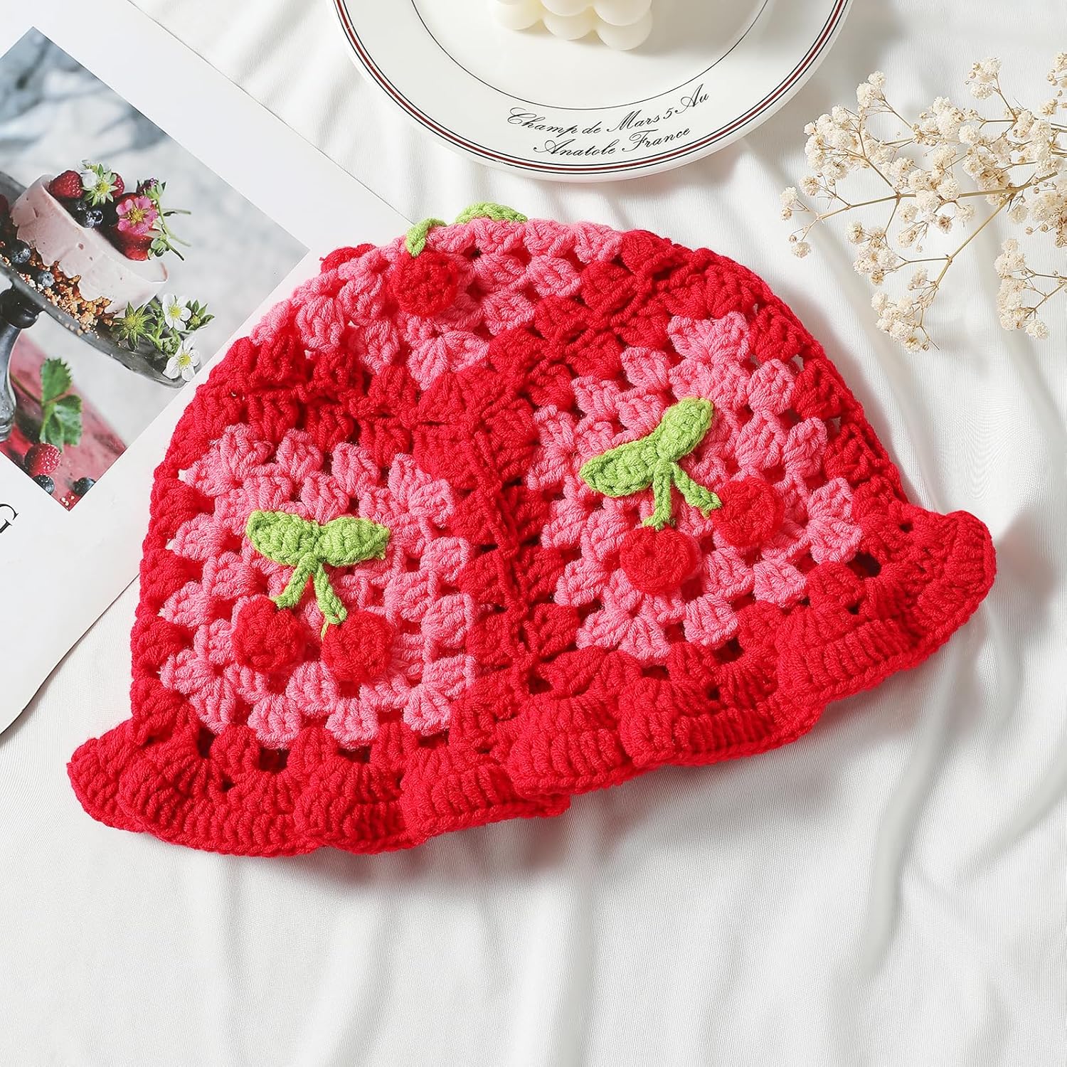 Fiewmay Crochet Bucket Hat for Women Handmade Floral Hat Portable Knitted Elastic Cute Beach Hat for Vacation Traveling - Image 5