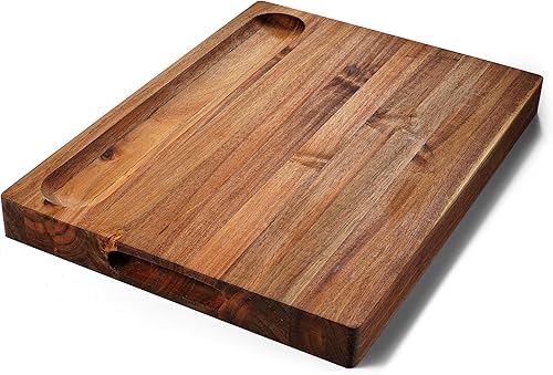 Miniatura 8 de Tabla de cortar de madera de acacia (16 x 12 x 1.5 pulgadas) y bloque de carnicero de madera, tabla de cortar, reversible multiusos para carne,