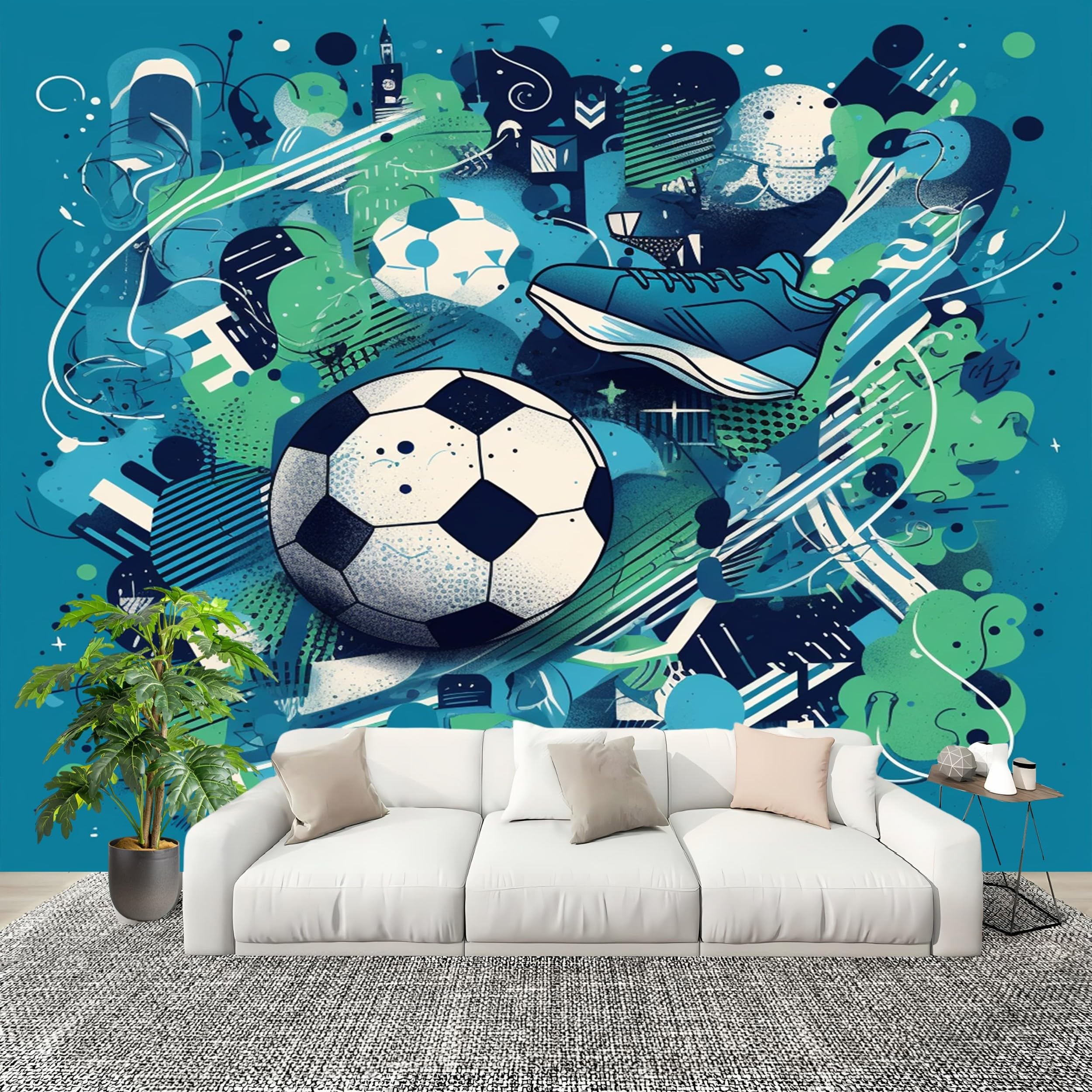 Moda sportowa, motyw piłki nożnej, tapeta na fizelinie, panorama, plakat ścienny, 350 x 256 cm, niebieska, fototapeta, pyłoszczelna i łatwa w pielęgnacji, do salonu, pokoju dziecięcego, sypialni