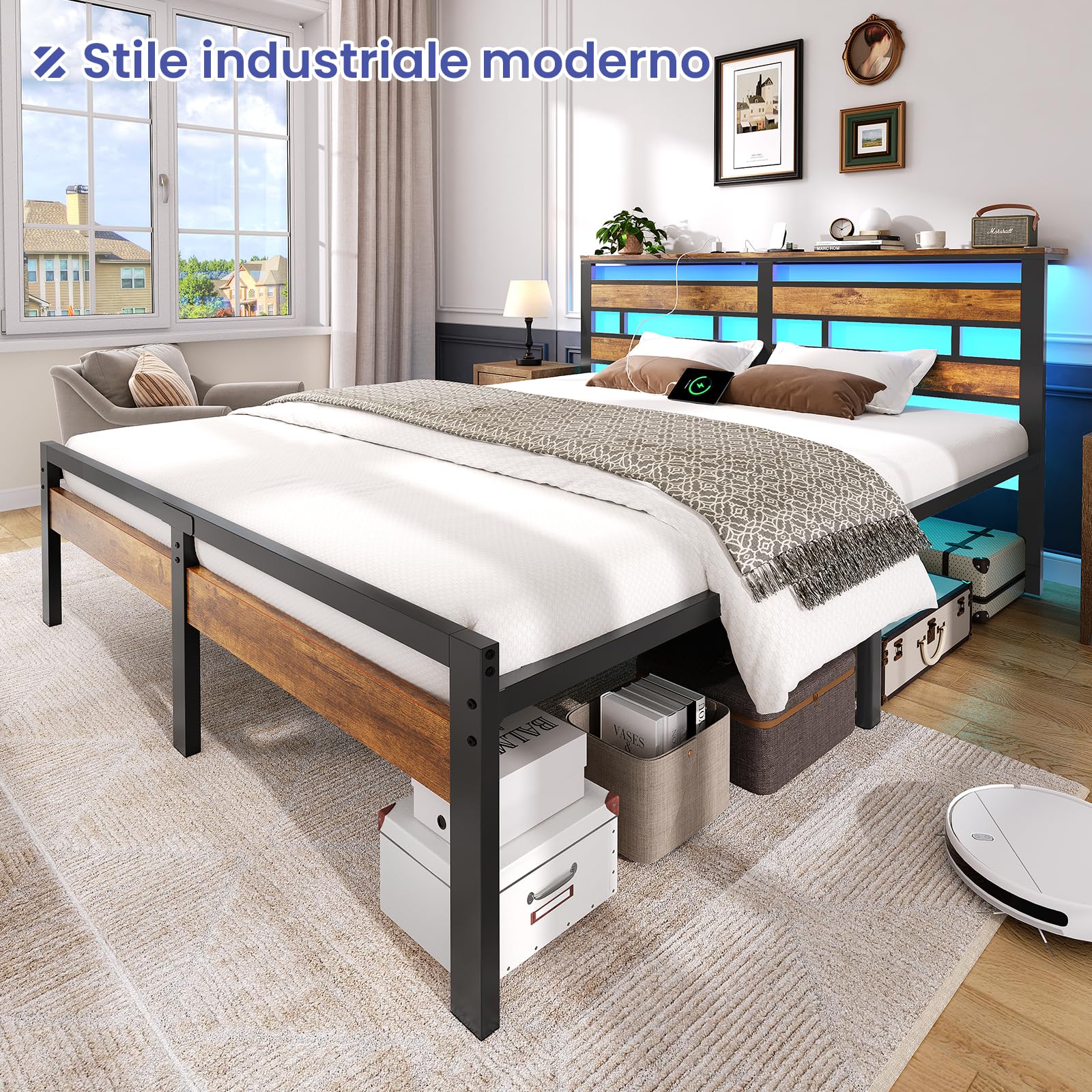 Brinlawb Letto 180x200 con base a doghe in metallo, struttura letto matrimoniale 180x200cm con illuminazione a LED e stazione di ricarica (2 prese CA, 1 porta USB e 1 porta Type-C)
