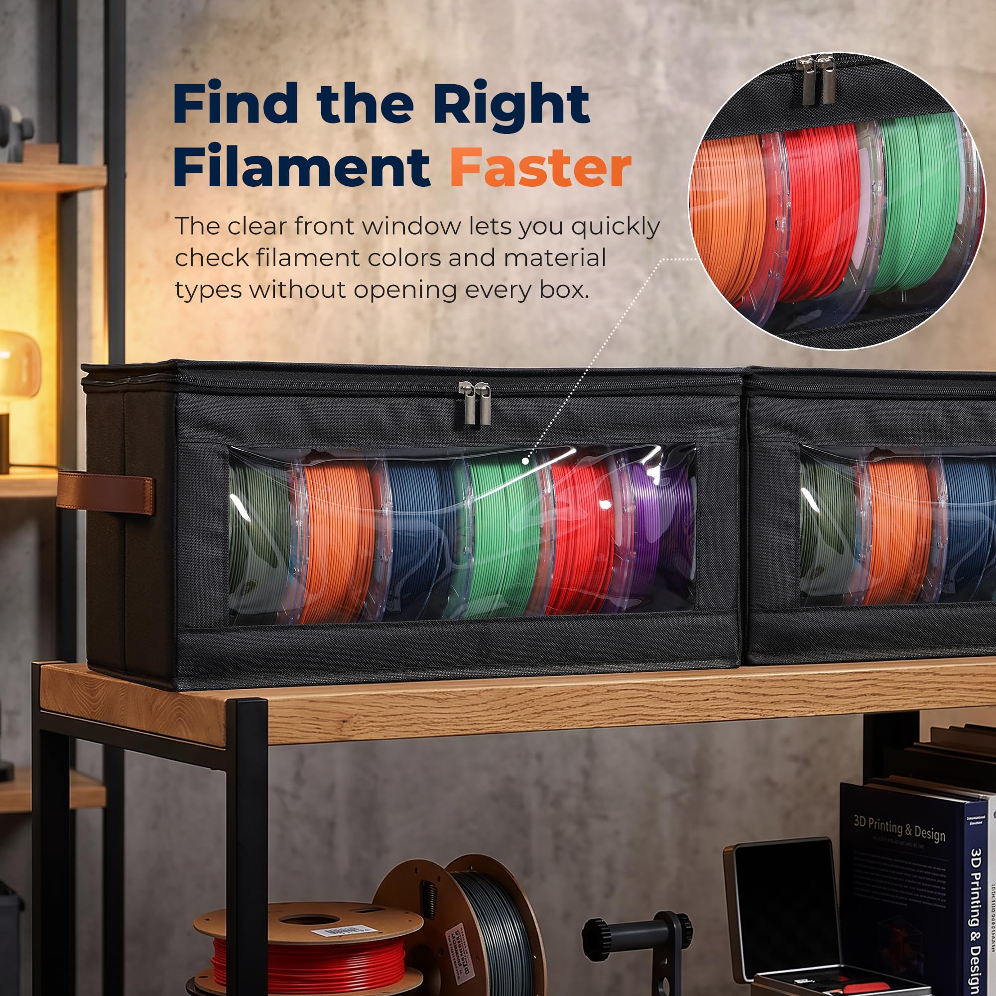 YOOPAI Filament-Aufbewahrungsbox, 6er-Pack Stapelbarer Aufbewahrungsboxen für 36 Rollen 3D-Drucker-Filaments, Faltbar aus Oxford-Gewebe mit transparentem Sichtfenster, PP-Stützplatten und Tragegriffen