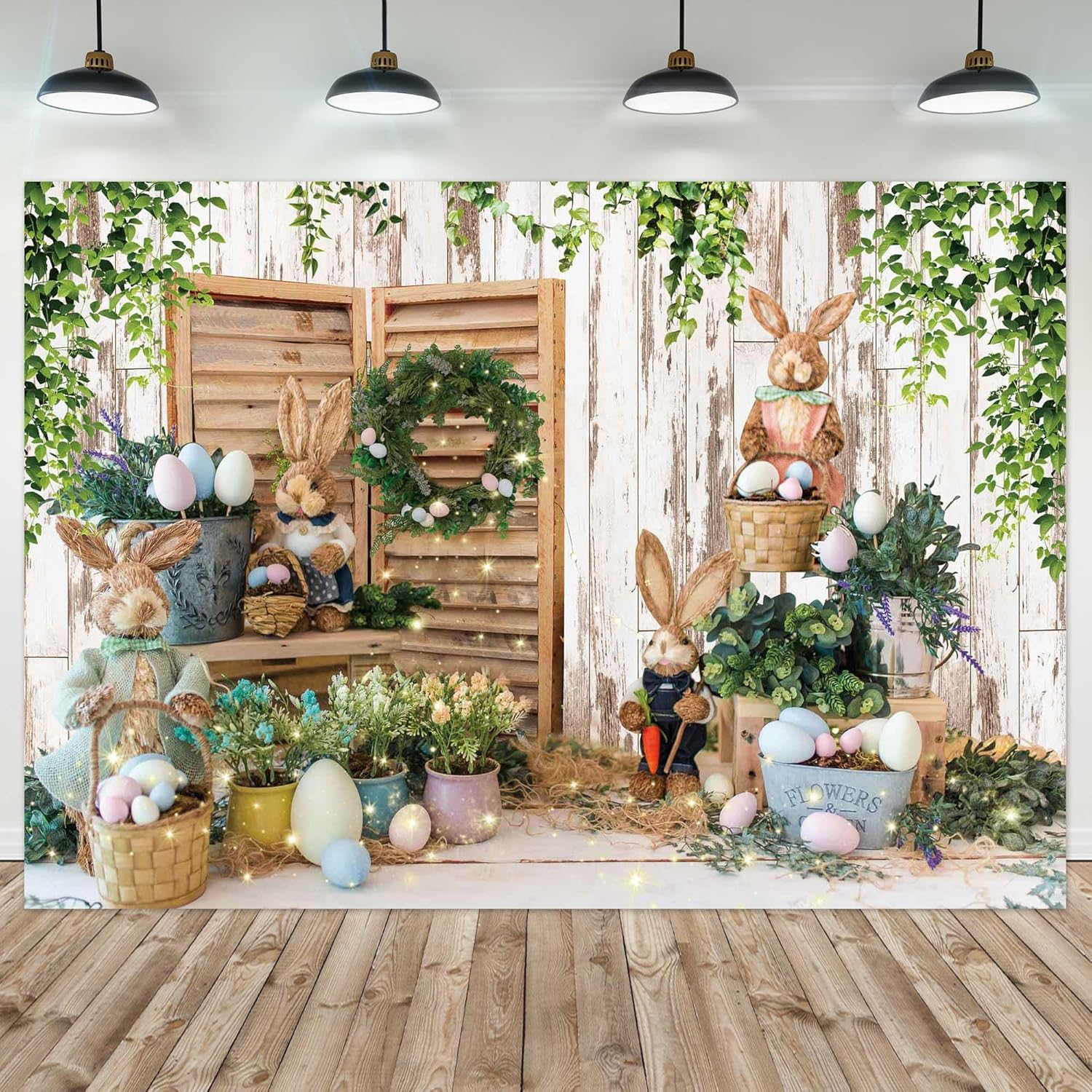 10x8ft Polyester Spring Easter Backdrop Rustic White Wooden Wall Colorful Eggs Rabbit Photography Background for Birthday Baby Shower Party Decor Portrait Banner Photo Booth Studio Props