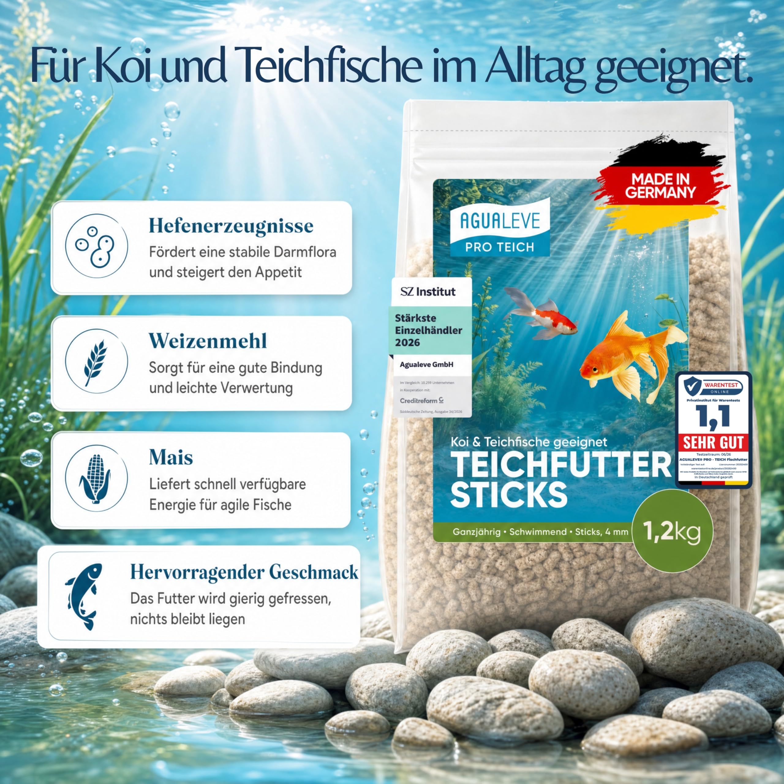 PRO TEICH Teichfutter Sticks 15 L (ca. 1,2 kg) – ganzjährig | schwimmende Sticks 4 mm | Koi & Teichfische | gut sichtbar | Weizenkeim, ausgewogene Nährstoffbasis | Made in Germany