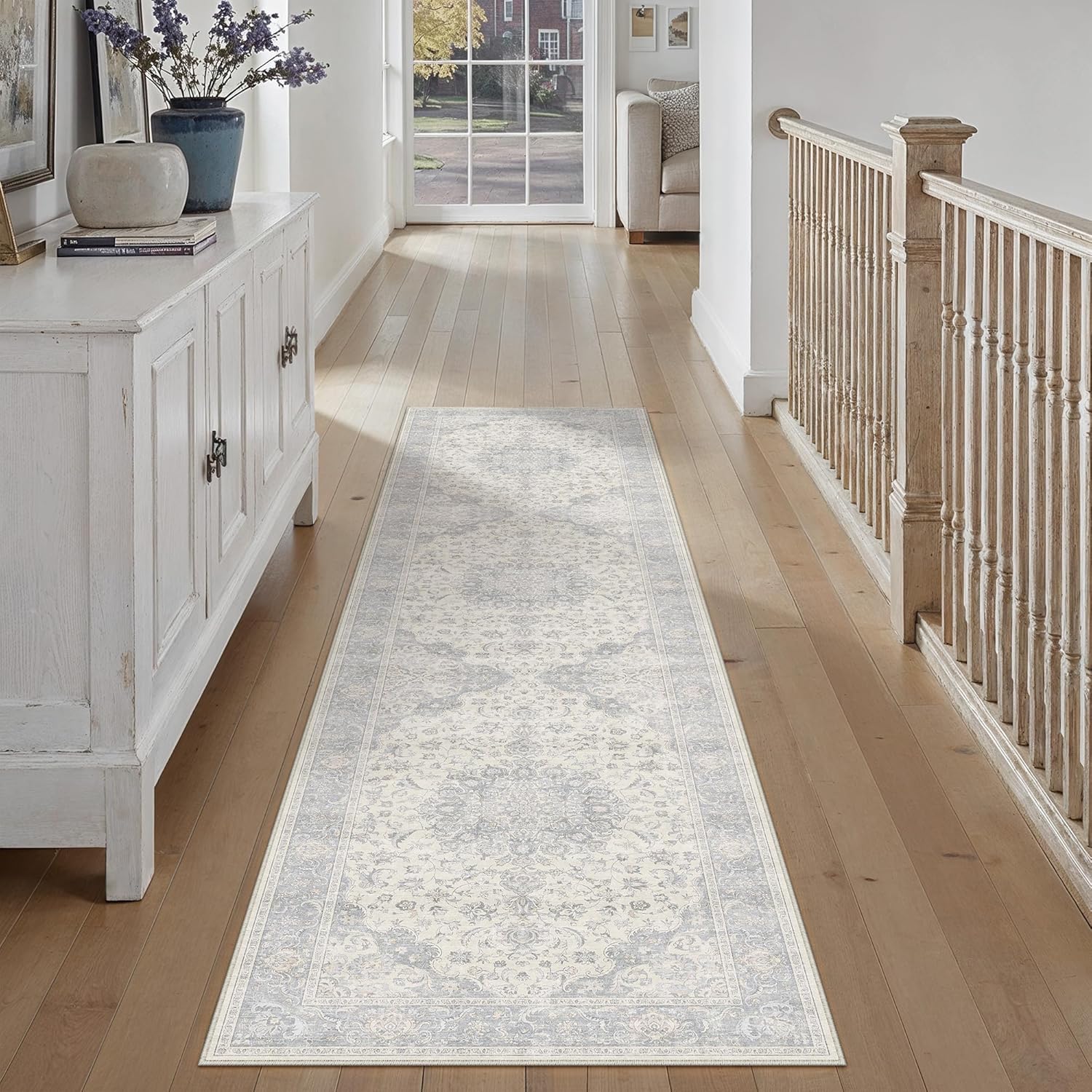 PureCozy 2x6 Runner Rug Washable Neutral Gray Vintage Hallway Kitchen Carpet Non Slip Low Pile Soft Floral Indoor Long Grey Throw Rug for Bedroom Bathroom Laundry Living Room