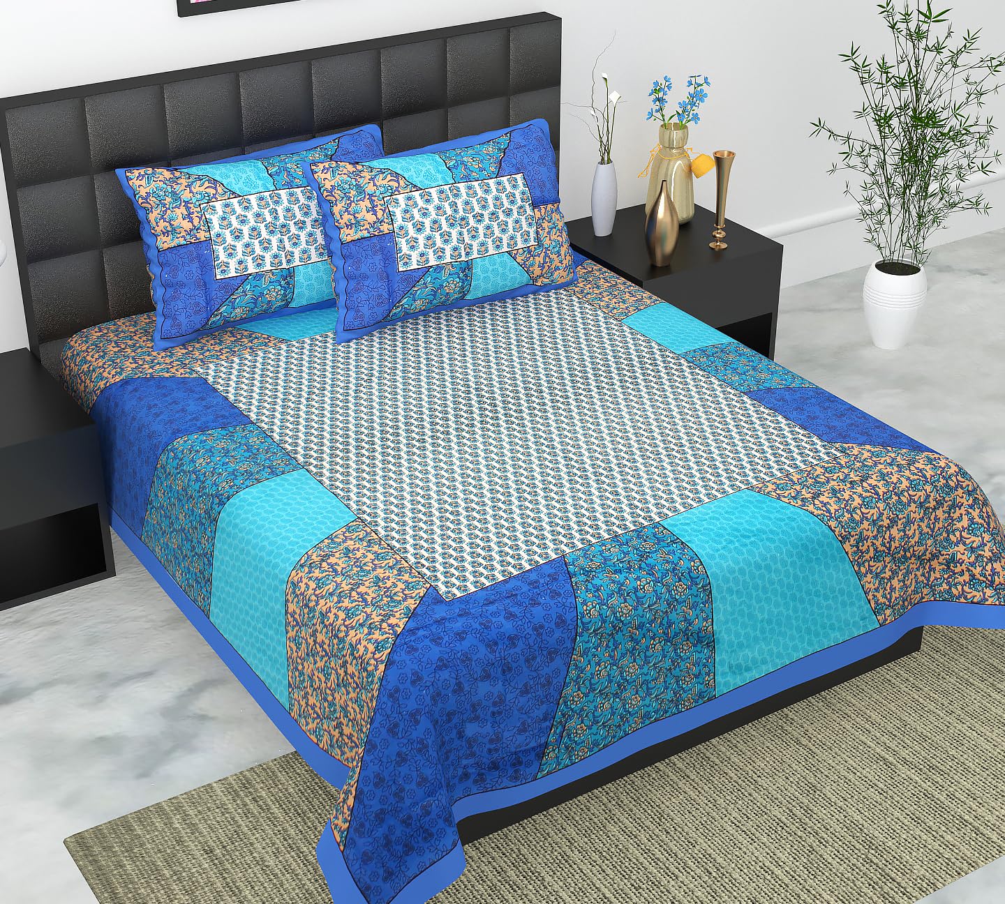 BedZone 100% Cotton Rajasthani Jaipuri Traditional King Size Double Bed Bedsheet with 2 Pillow Covers - Multi96-image-43