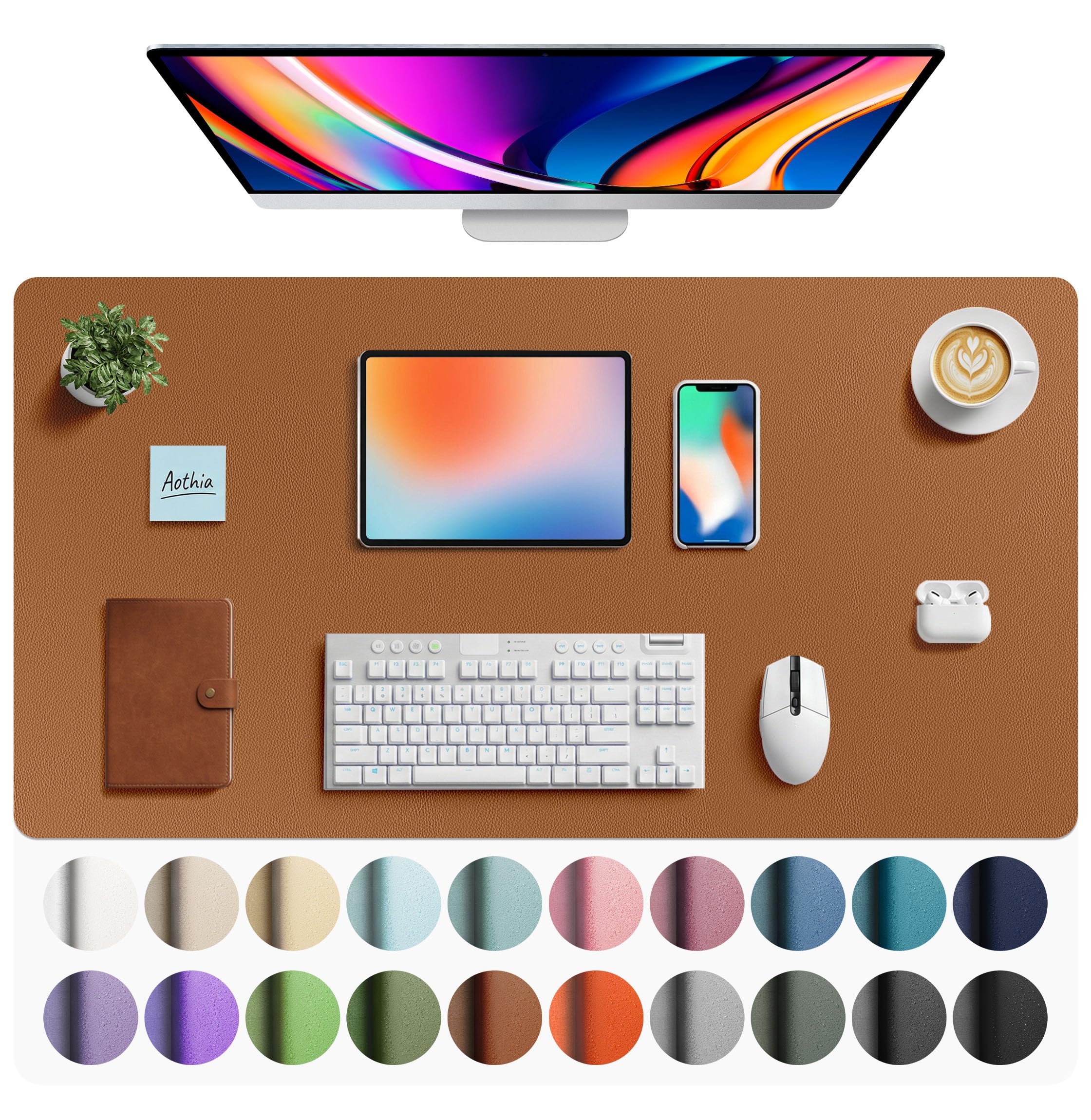 Aothia Faux Leather Desk Mat - Large Mouse Pad, Non-Slip PU Leather Blotter, Waterproof Writing Surface for Office and Home (Brown, 40" x 24")