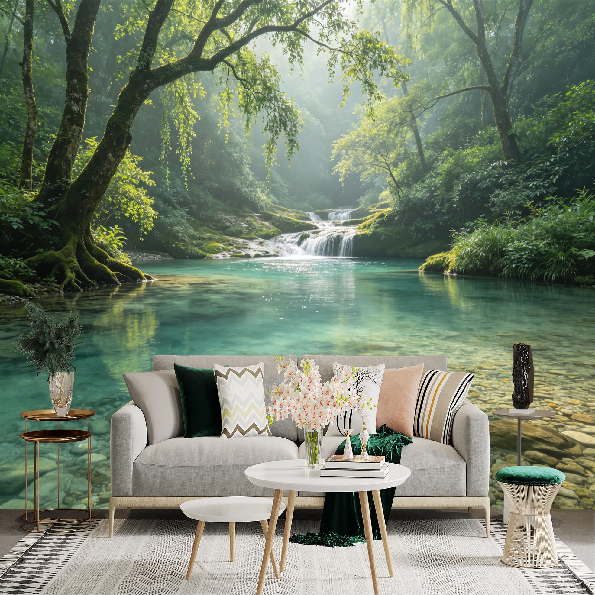 Lnzczhyre Dbh260521097 Custom Size Wall Sticker Mural， Serene Forest Stream， Crystal Clear Water， Mossy Stones And Sunlight， For Wall Decoration， Peelandstick Wall Decals.