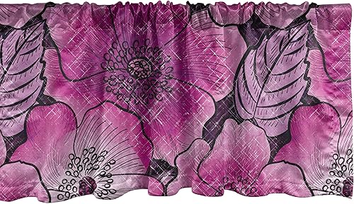 Ambesonne Cenefa de ventana de amapola, flores retro onduladas con estampado de pétalos y hojas de ensueño, cenefa de cortina para decoración de