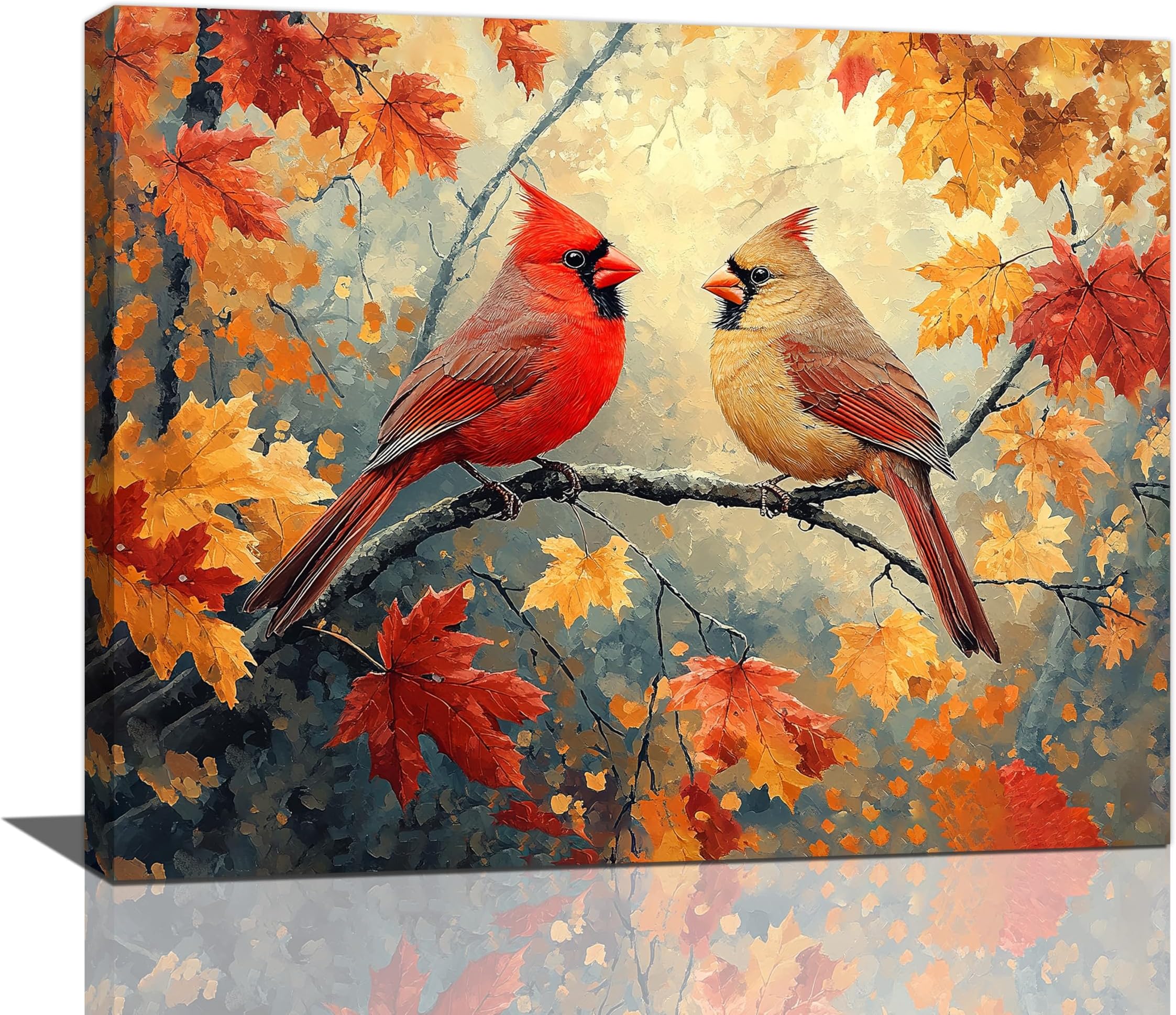 Fall Cardinal Wall Art Autumn Leaf Pictures Wall Decor Maple Leaves Canvas Painting Modern Artwork Home Decoration for Living Room Bathroom Bedroom Office Framed 20"x16"