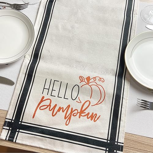 Miniatura 7 de Hobekoee - Camino de mesa de otoño con texto en inglés "Hello Pumpkin" para decoración de mesa de comedor en interiores y exteriores, 13 x 72