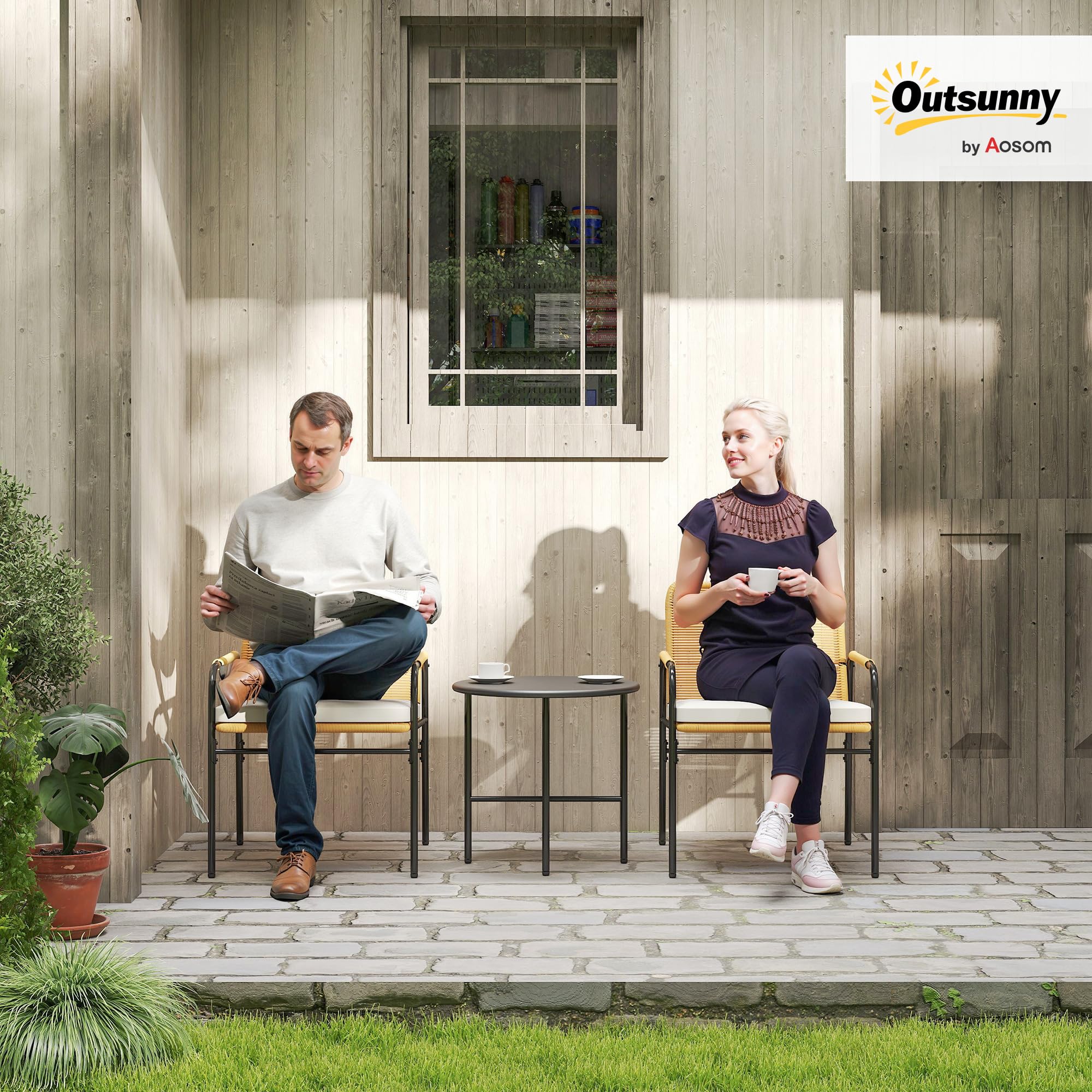Outsunny Conjunto de Jardín Exterior de 3 Piezas Muebles de Jardín con 2 Sillas con Cojines Lavables Extraíbles y Mesa de Terraza con Tablero Metálico Resistente para Patio Balcón Natural y Crema
