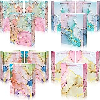 Christmas Gift Bag , Lancool 12Pack Gift Bags Medium Size, Premium 12.6x10.2x4 Inch Marble Gift Bags Medium Size, Gifts Bags Bulk, 4 Assorted Designs Foil Gift Bags for Fathers Day, Baby Shower, Birthday, Wedding, Party Favors.