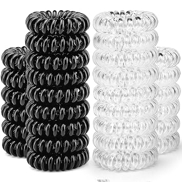 TailaiMei 30 Pcs Spiral Hair Ties, No Crease Coil Phone Cord Hair Ties for Thick Hair - Women Ponytail Holder ElasticsBlack&Transparent
