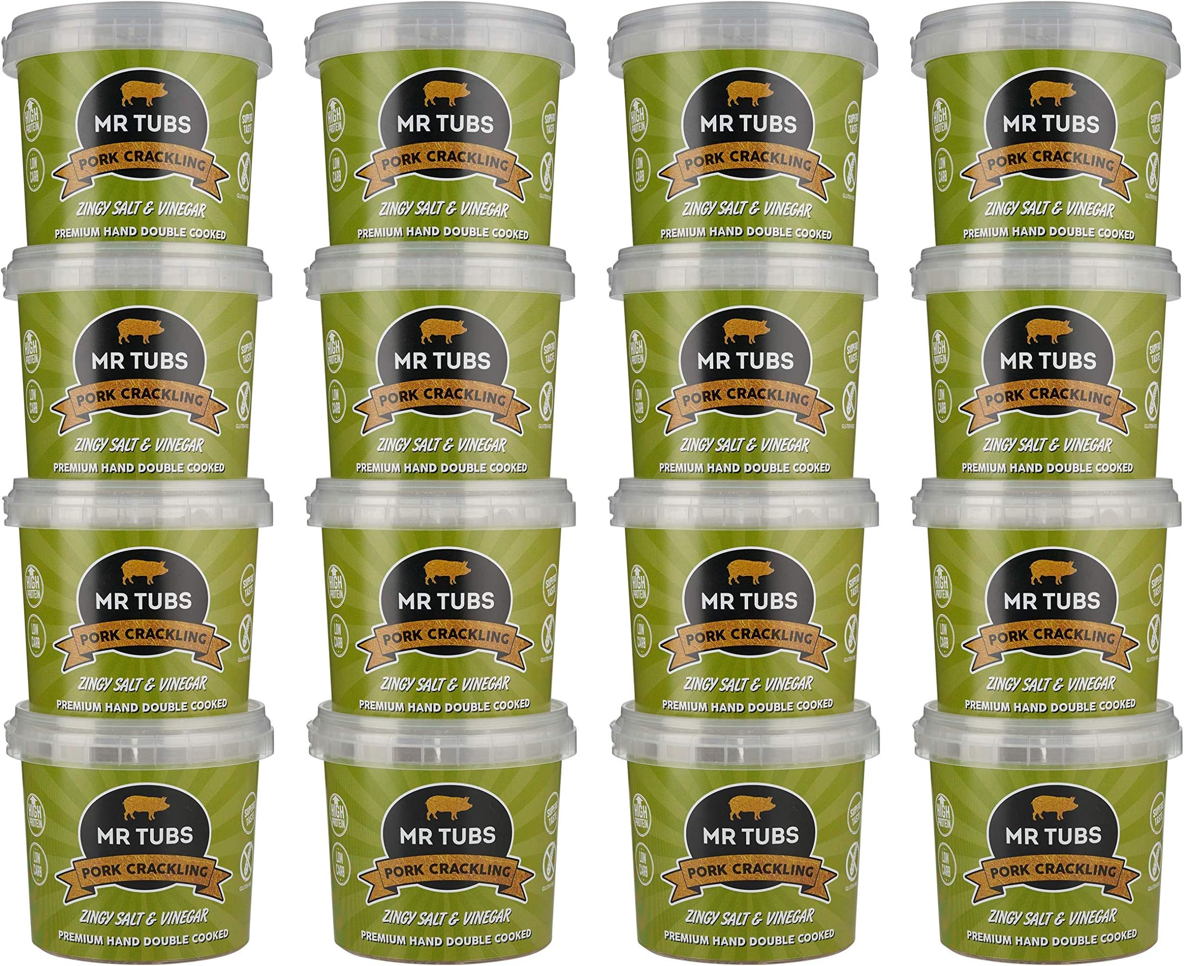 Mr Tubs Double Hand Cooked Premium Pork Crackling - 6 Flavours to Choose from (Zingy Salt & Vinegar, 16 x 55g)