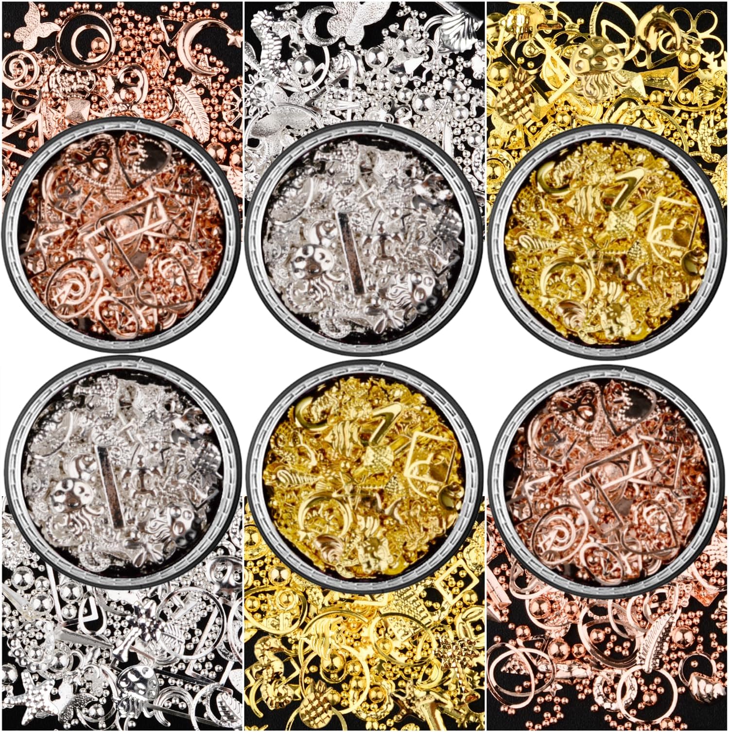 editTime 6 Wheels Multi-size 3D Metal Mini Nail Caviar Micro Round Ball Beads Gold Silver Rose Gold Nail Studs for Nail Art DIY(Metal beads)