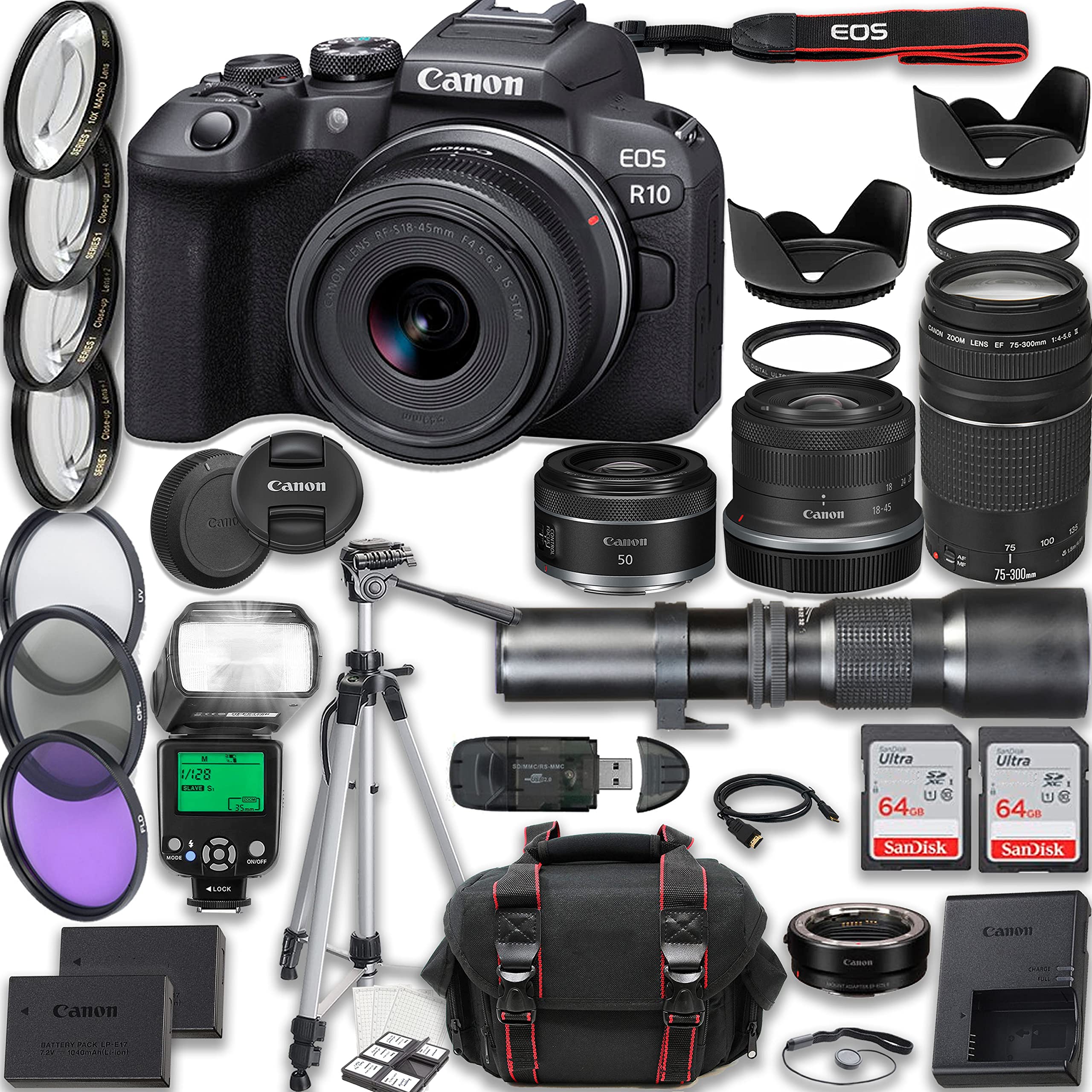 Canon EOS R10 Mirrorless Camera with Canon RF-S 18-45mm is STM + EF 75-300mm f/4-5.6 III + RF 50mm f/1.8 STM + 500mm f/8 Focus Lenses + 2X 64GB Memory Cards, TTL Flash, Extra Battery, Case & More