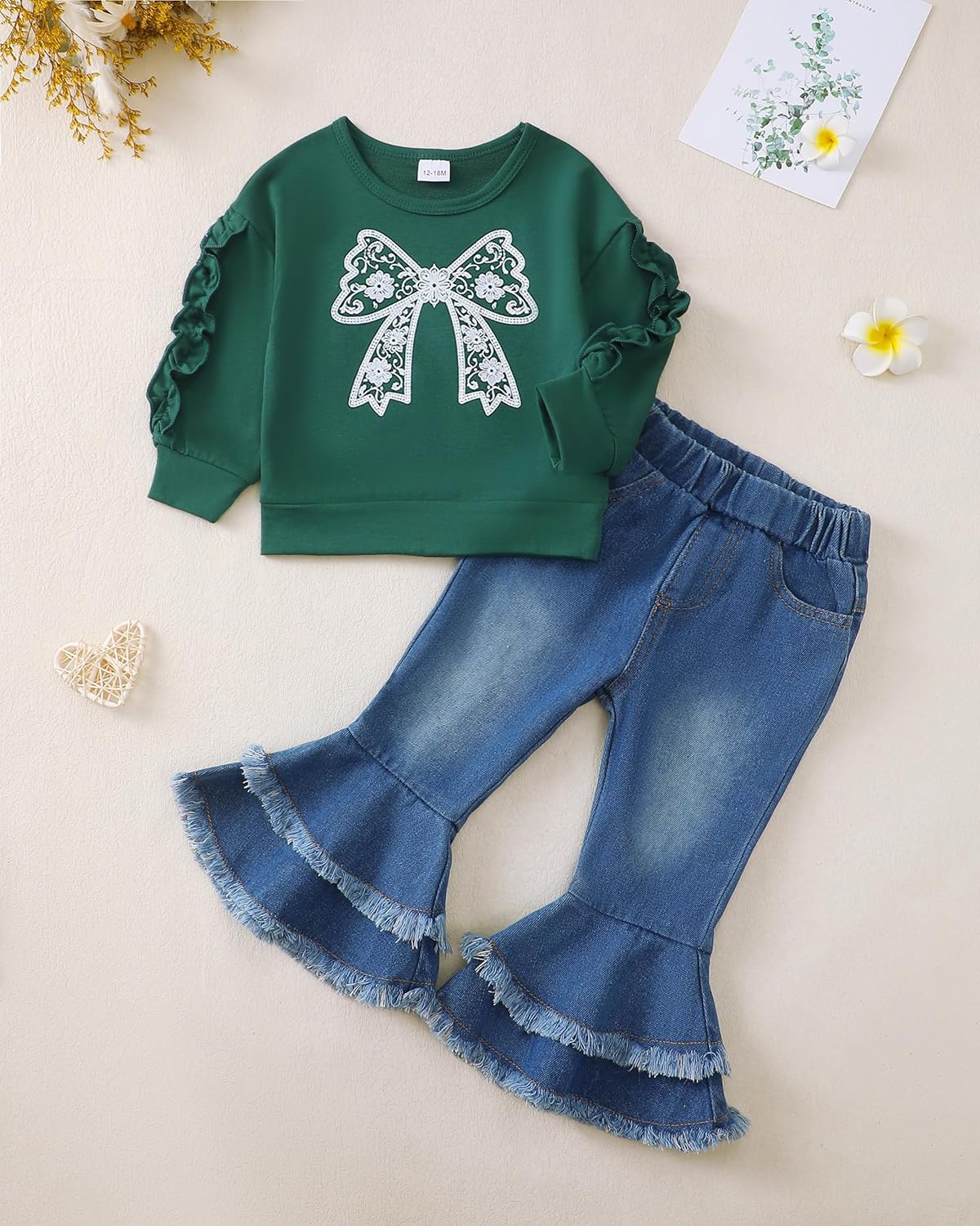 Renotemy Toddler Baby Girl Clothes Fall Winter Outfit, Bow Sweatshirt Denim Bell Bottom Jeans Outfits for 1-5 Year Girls - Image 2