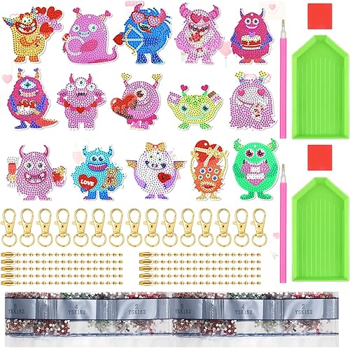 Miniatura 5 de Queekay 15 llaveros de pintura de diamantes para el día de San Valentín, adornos de pintura de diamantes de corazón 5D, llaveros de arte de