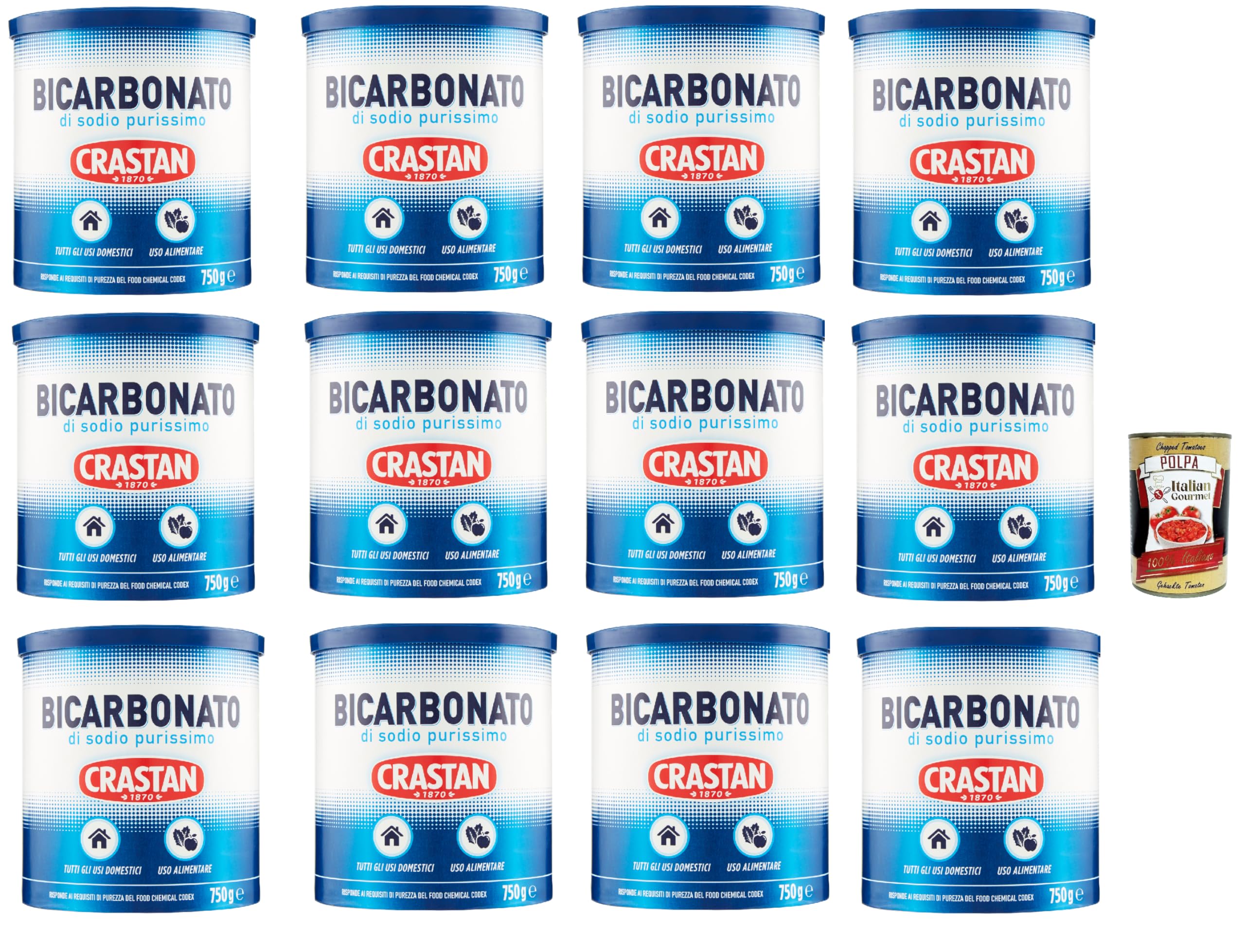 Crastan Bicarbonato di sodio purissimo Bicarbonate de sodium pur pour un usage domestique et alimentaire 12 x 750 g + Italian Gourmet Polpa 400 g