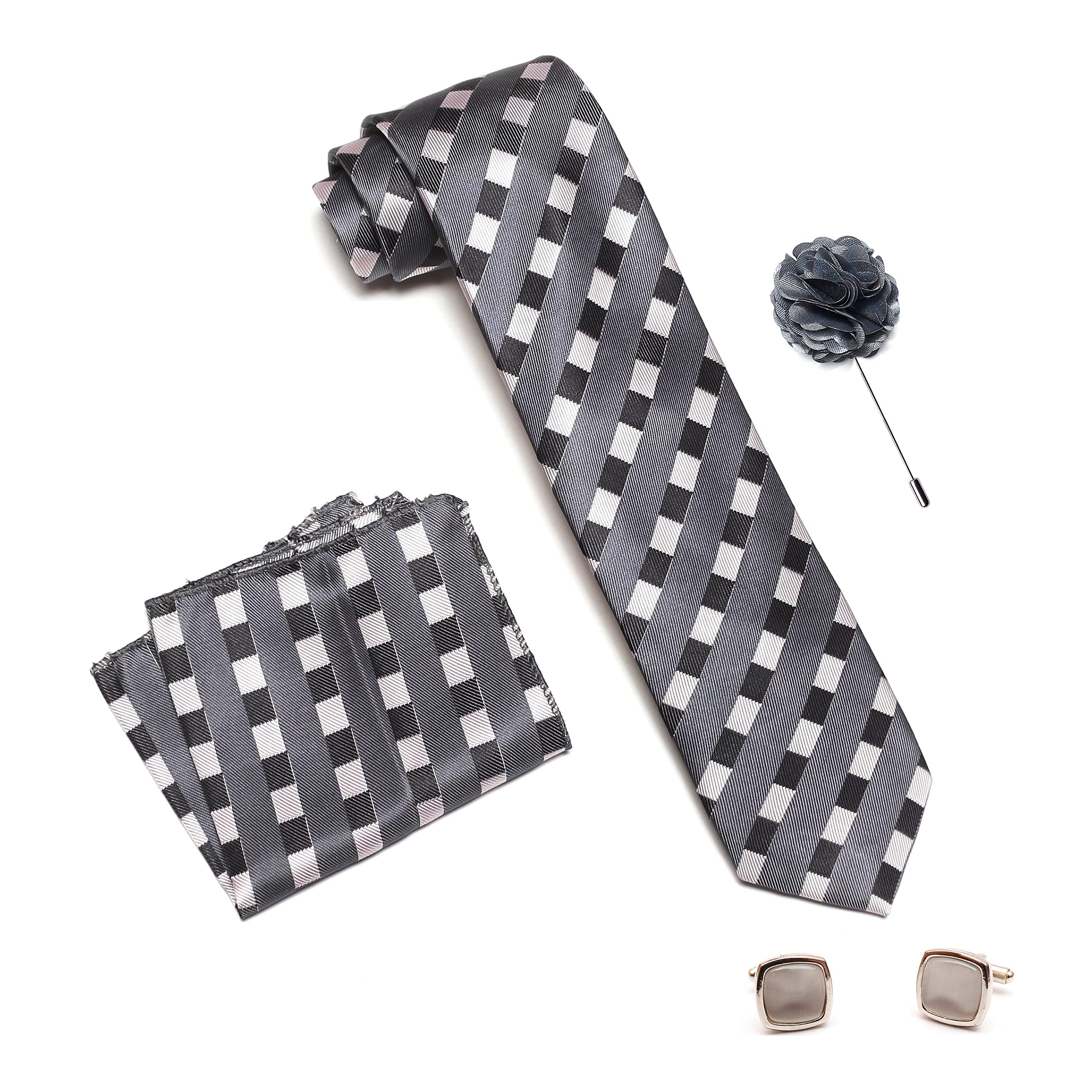 Mens Plaid Stripped Silk Necktie Gift Set With Pocket Square Cufflinks & Brooch Pin Formal Tie With Leatherite Box (STRIPM1RX Free Size) | (Leather Gift Box) (Pack of 4)-image-48