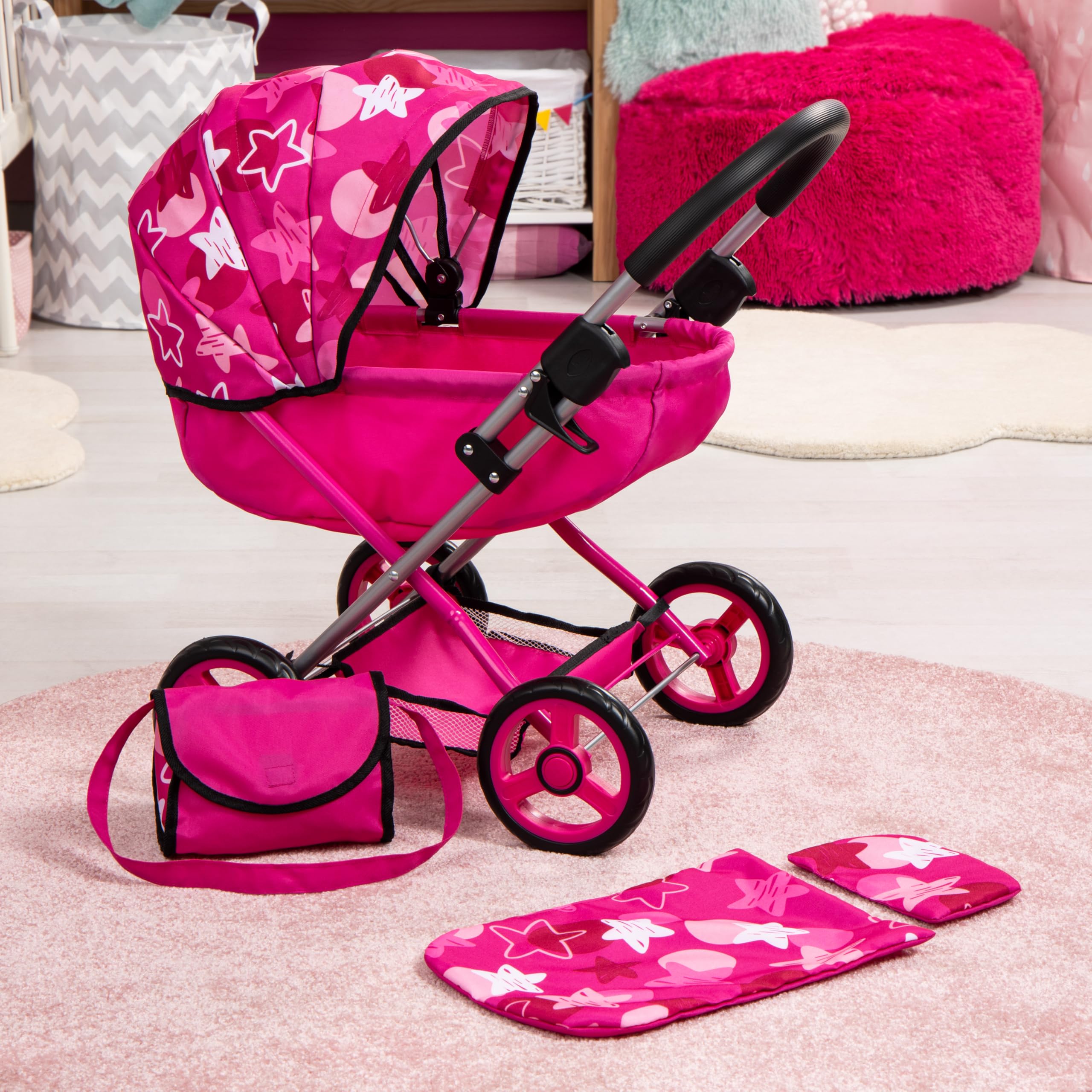 Bayer Design 12749AB Zestaw wózka dla lalek Cosy z łóżkiem dla lalki, torbą, poduszką i kołdrą, różowy, gwiazdkami