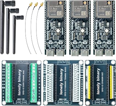 LONELY BINARY 3-Pack ESP32-S3 N16R8 Gold Edition Kit with 16MB Flash, 8MB PSRAM, Dual USB-C IPEX Antenna with Expansion Boards, Terminals, Data Cable & Tutorials 3-Pack IPEX All-Terminals Bundle