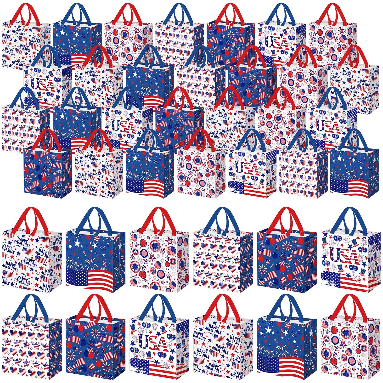 Wesnoy 48 Pcs 4th of July Patriotic Gift Bags Bulk with Handle Non Woven 250th Anniversary Goodie Bag Independence Day American Flag Memorial Day Tote Bag Holiday Party Favor, 11.4 x 10.6 x 4.7 Inch