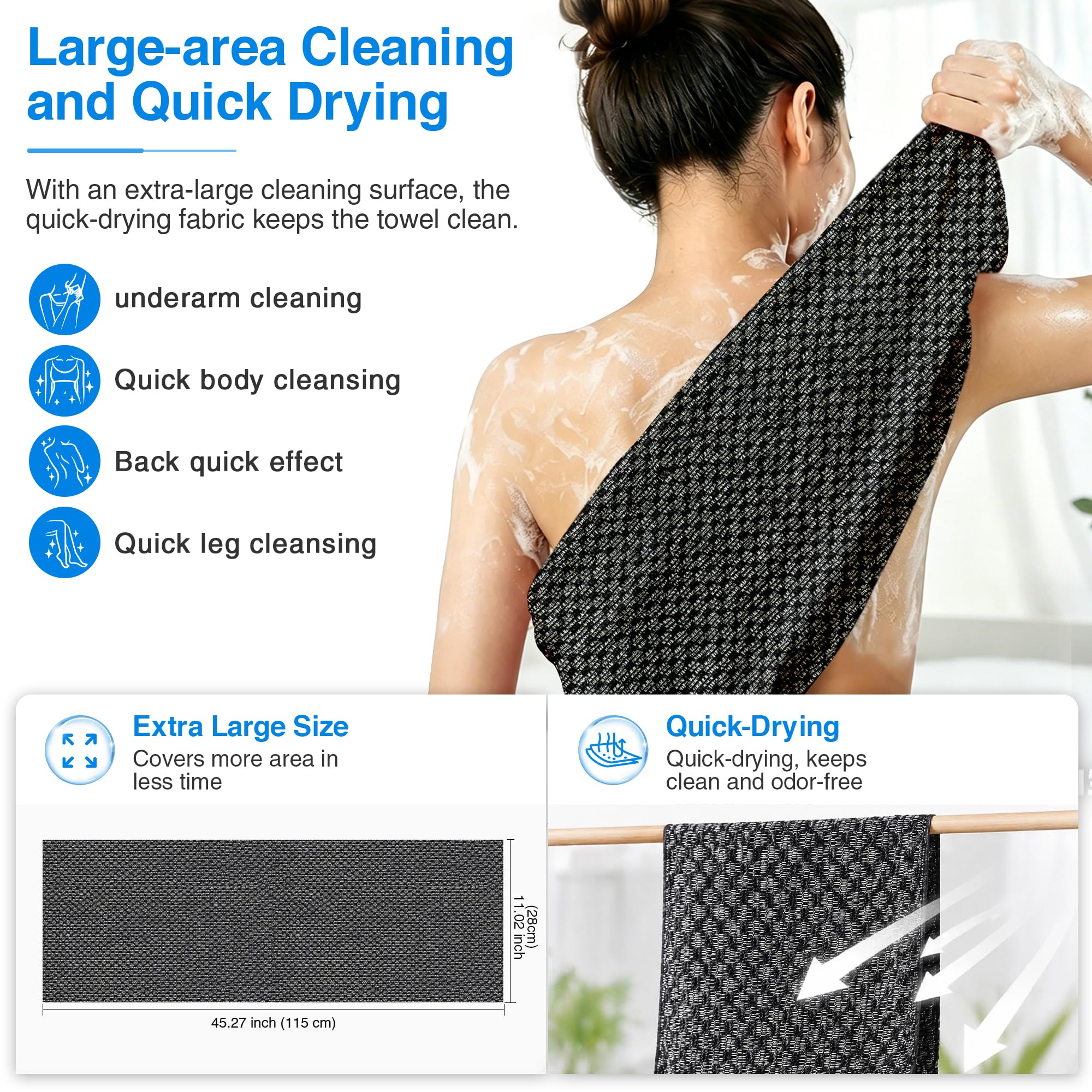 Blissal Exfoliating Bath Towel, Silver Ion Body & Back Scrubber, Black