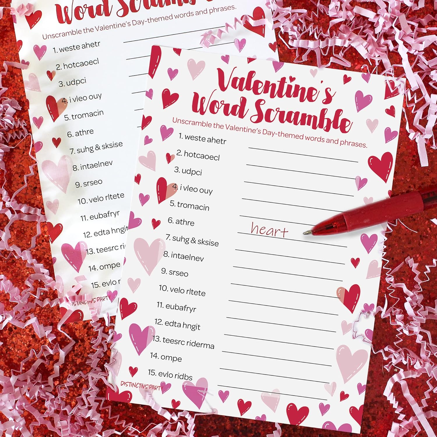 DISTINCTIVS Valentine’s Day Word Scramble Game – Classroom Party Activity for Kids, 25 Count