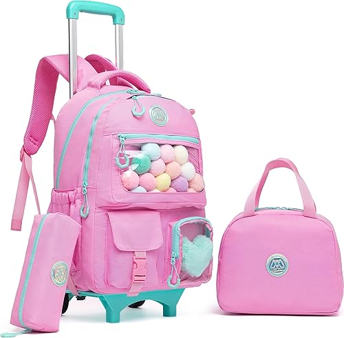 Mochila con ruedas para niñas, mochila con ruedas, mochilas para primaria con lonchera y equipaje, Rosado, Estética