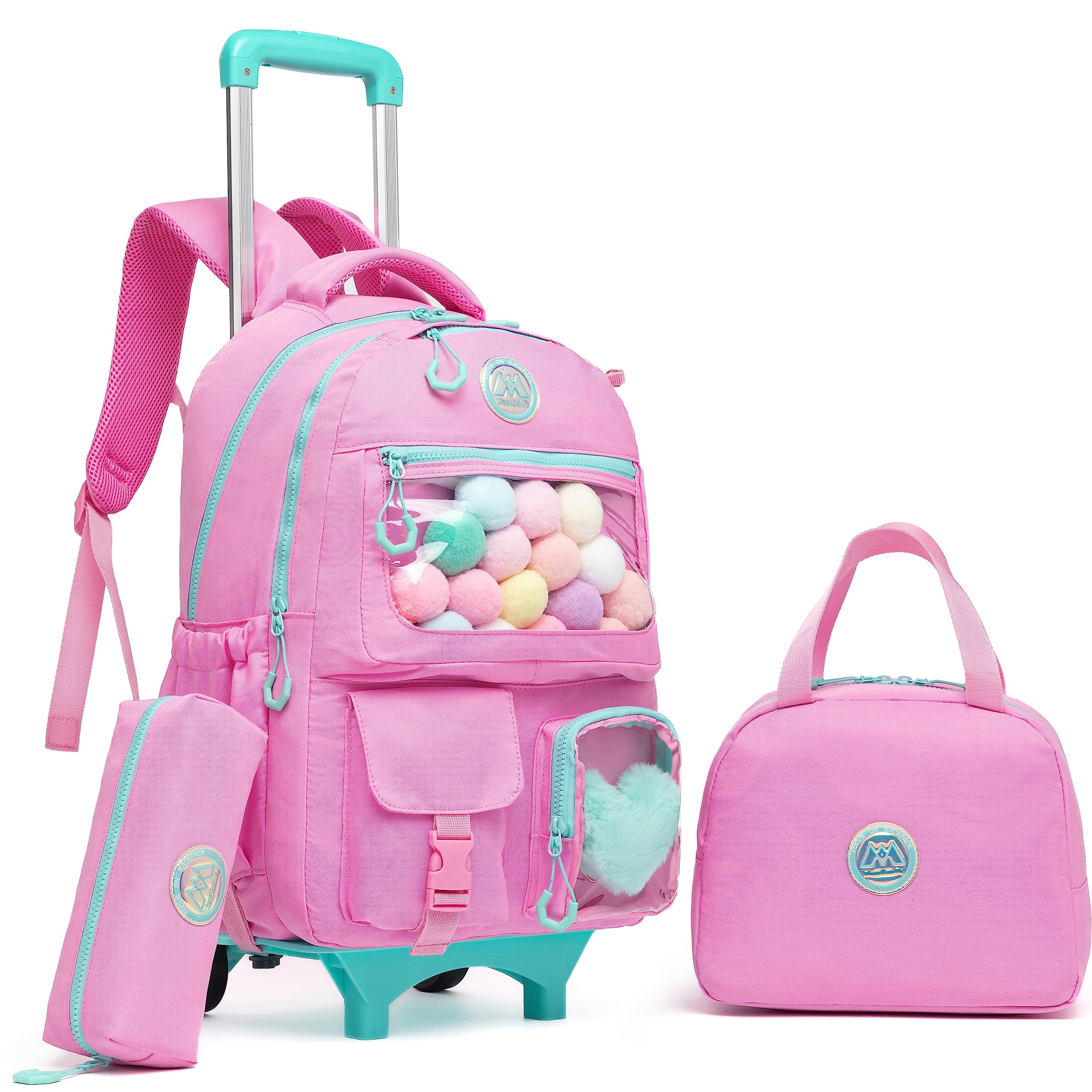 ZBAOGTW Rolling Backpack for Girls Kids Backpack with Wheels Backpacks for Elementary with Lunch Box Pencil Case Trolley Luggage