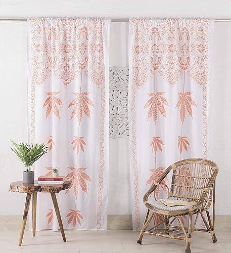 Popular Handicrafts Cortina de ventana con estampado de hojas de oro, estilo hippie, indio, bohemio, para dormitorio, sala de estar, balcón, cenefa,