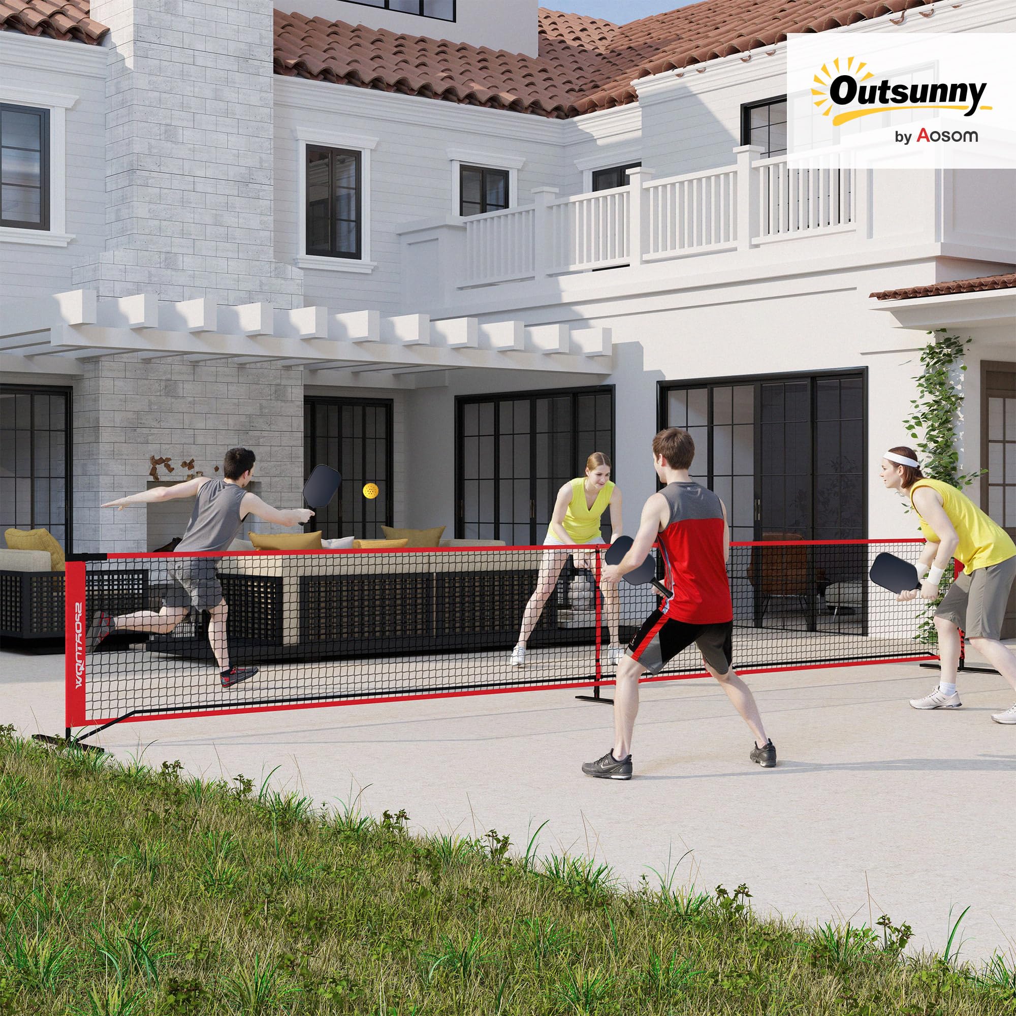 SPORTNOW Przenośna siatka do pickleball, 6,7 m, system pickleball z siatką, zestaw do oznaczania pola do gry, zbieracz piłek, cztery piłki i torba do noszenia na świeżym powietrzu, wjazd
