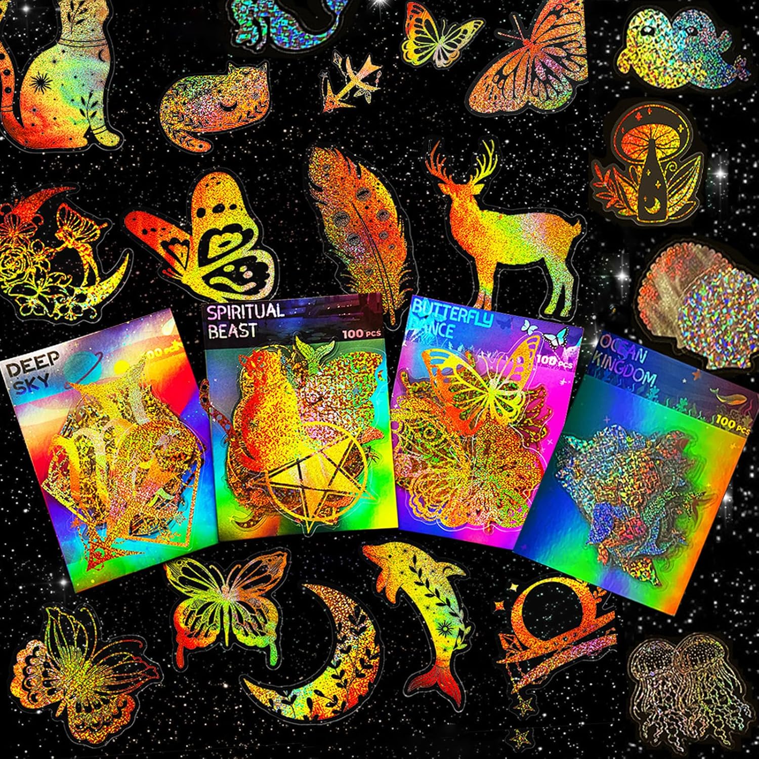400Pcs Laser Scrapbook Stickers, Golden Shiny PET Transparent Decorative Stickers, Hot Stamping Effect Self Adhesive Waterproof Decals for DIY Arts Journal Diary Laptop Planner Calendar