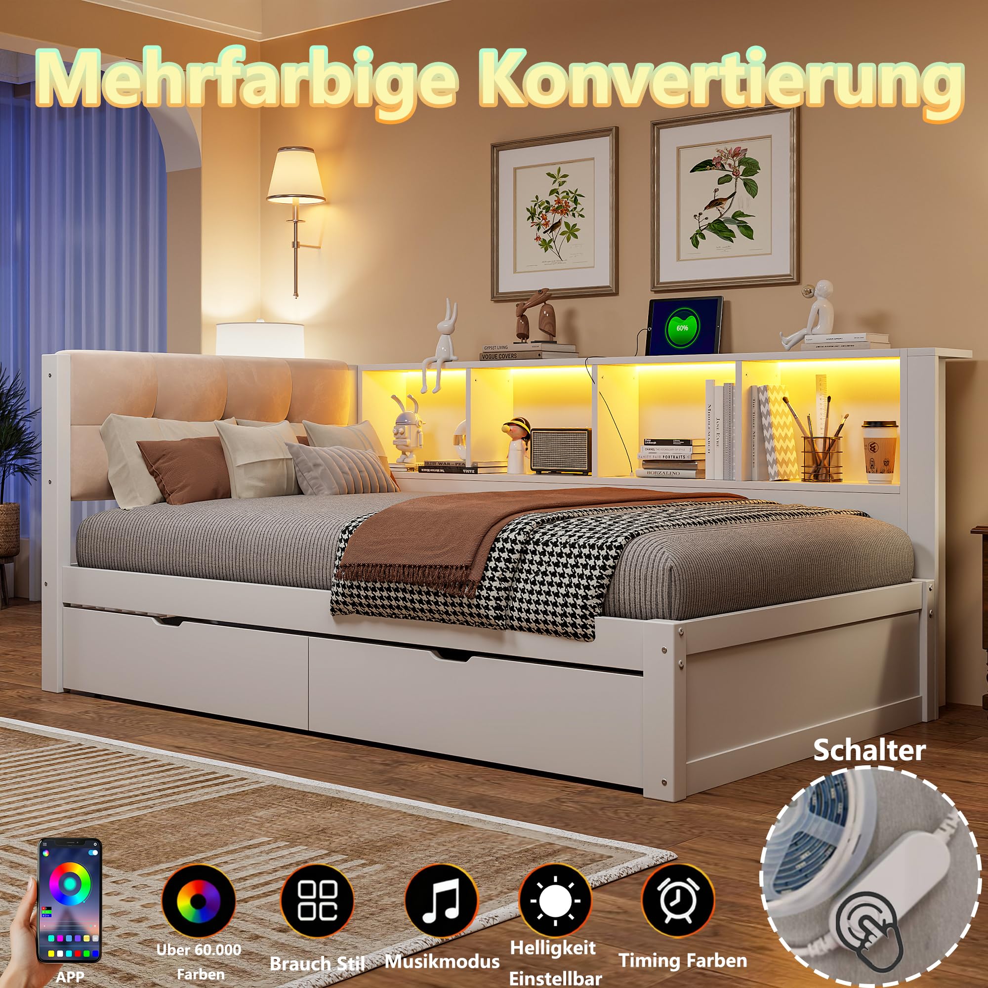 Schlafsofa 90 x 200 cm mit Schubladen, Tagesbett mit Dimmbarer LED-Leiste und USB-Anschluss, Praktischem Regal, Kiefernholz, Weiß (Ohne Matratze)