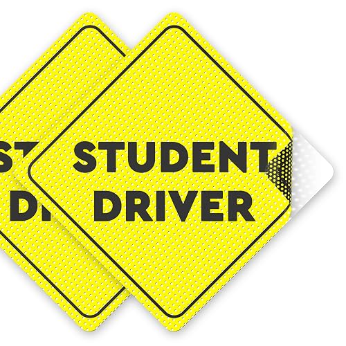 Student Driver Sticker Sign for Car (Non-Magnetic) - 2 Pack, 5" by 5" - Essential New Driver Signs for Window - Bright Yellow and See-Through When Reversing - Best Safety Stickers for Learners