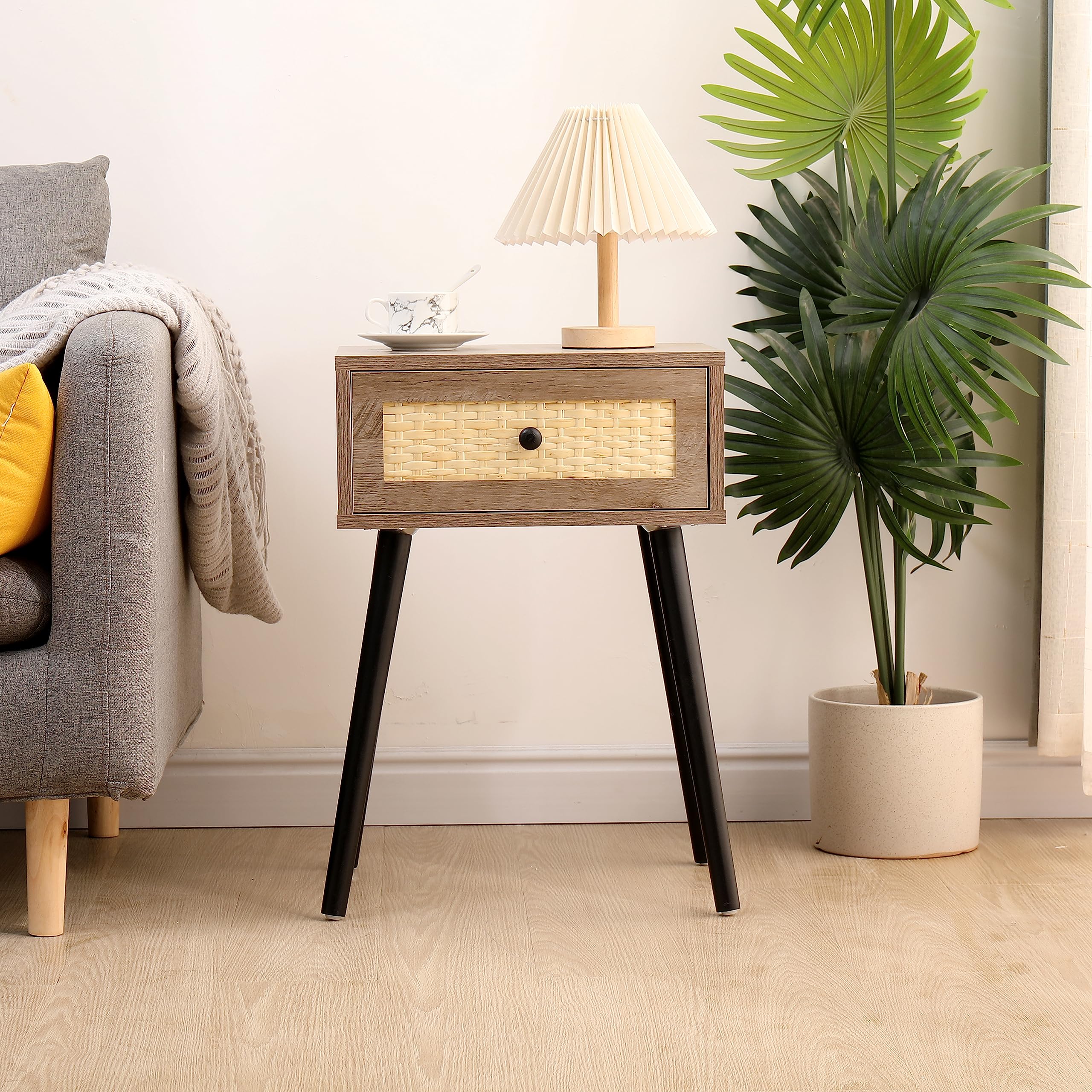 vipace Set of 2 Nightstands, End Side Bedside Table with Storage Drawer and Solid Wood Legs, Mid-Century Modern Night Stands for Bedroom Living Room Furniture (Grey-Brown)