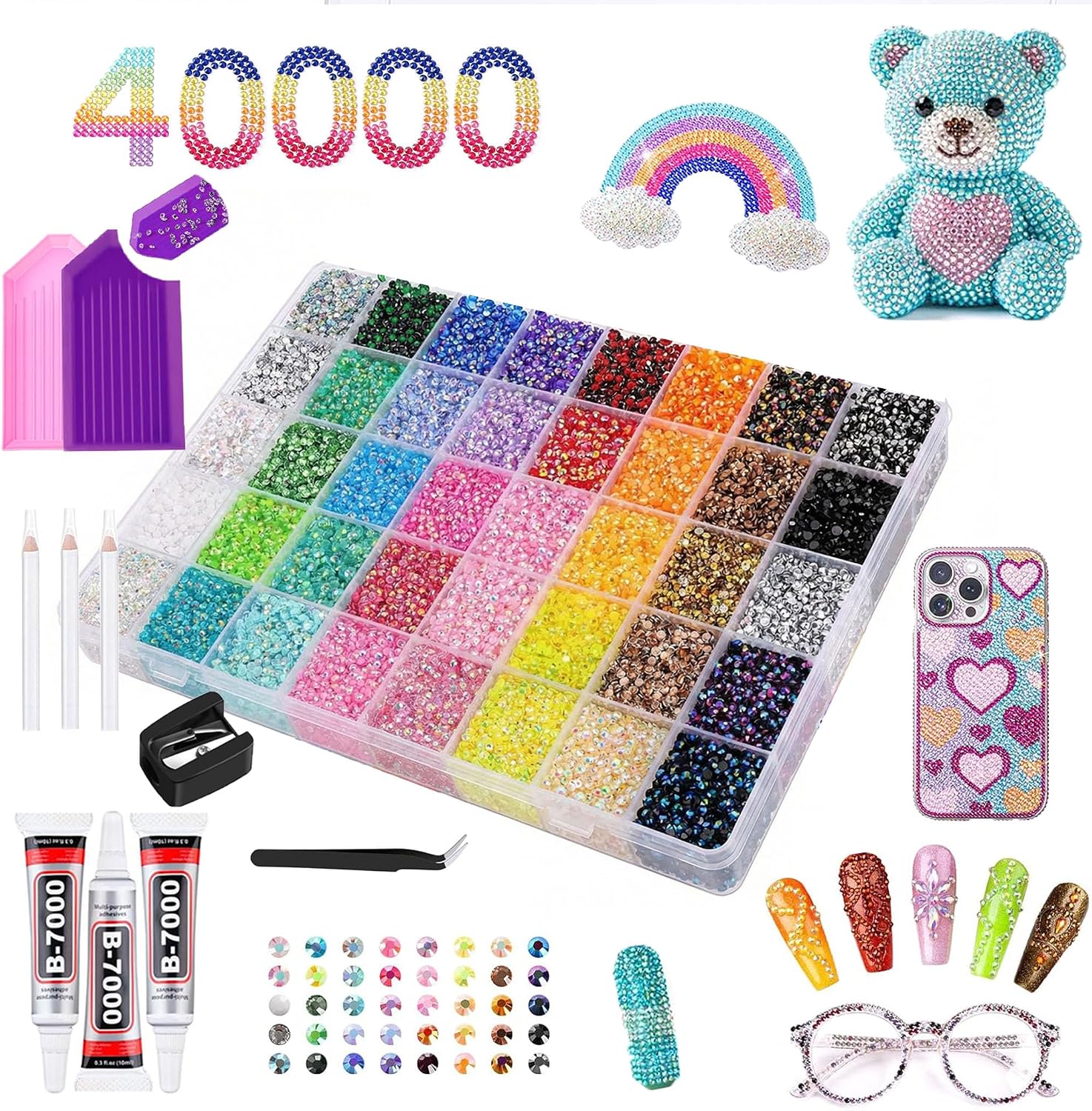 Bedazzling Kit 40000Pcs 40 Colors Jelly Rhinestones, 3mm Multicolor Resin Flatback Gems for Diamond Art with Storage Tray, Bazzling kit with 3Pcs 10ml B7000 Glue for Nail Art Crafting Book Shoes