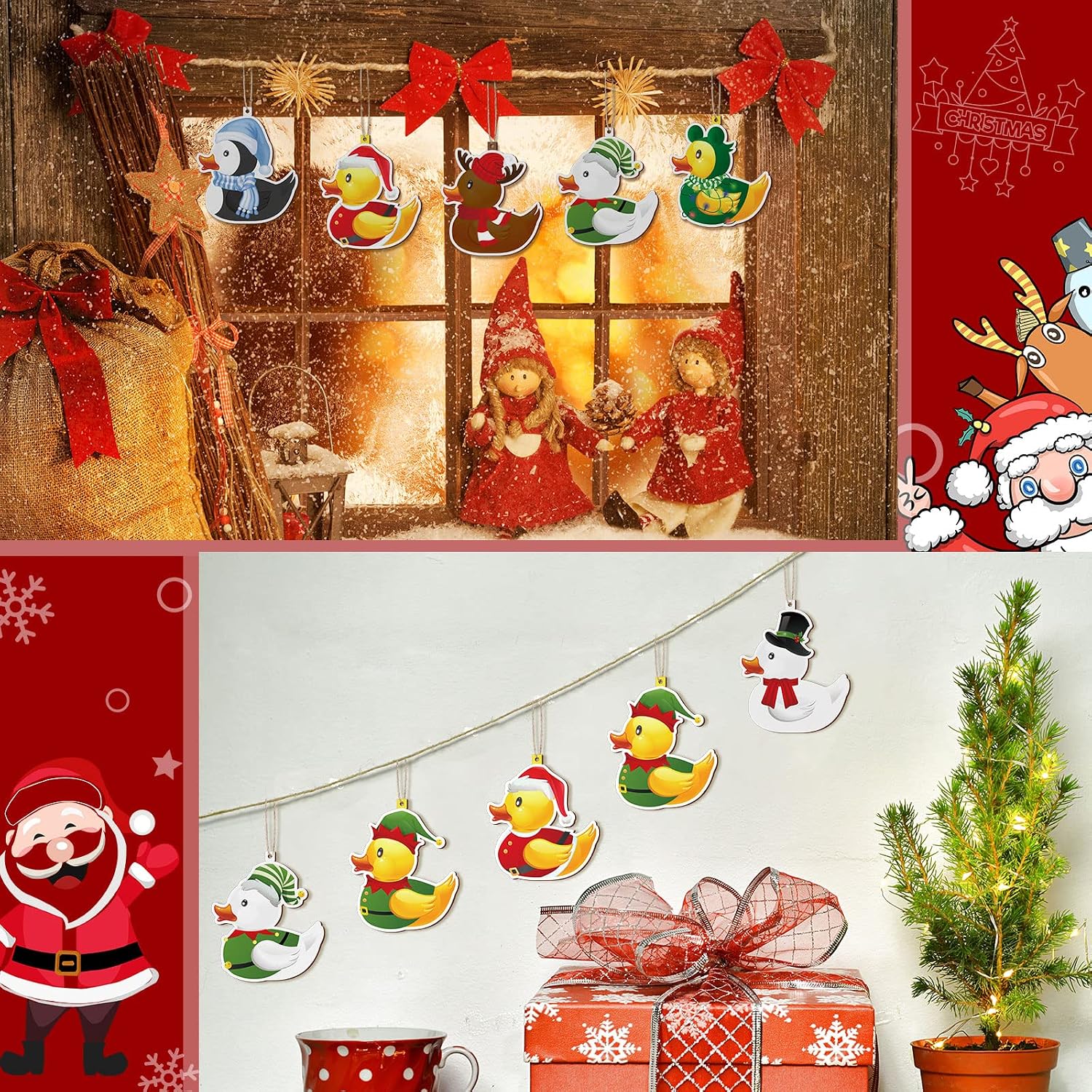 Chunful 48 Pcs Christmas Duck Ornament Wooden Duck Hanging Ornament Santa Snowman Christmas Party Favors Gift Xmas Stocking Stuffers for Holiday Xmas Tree Party Home Decor