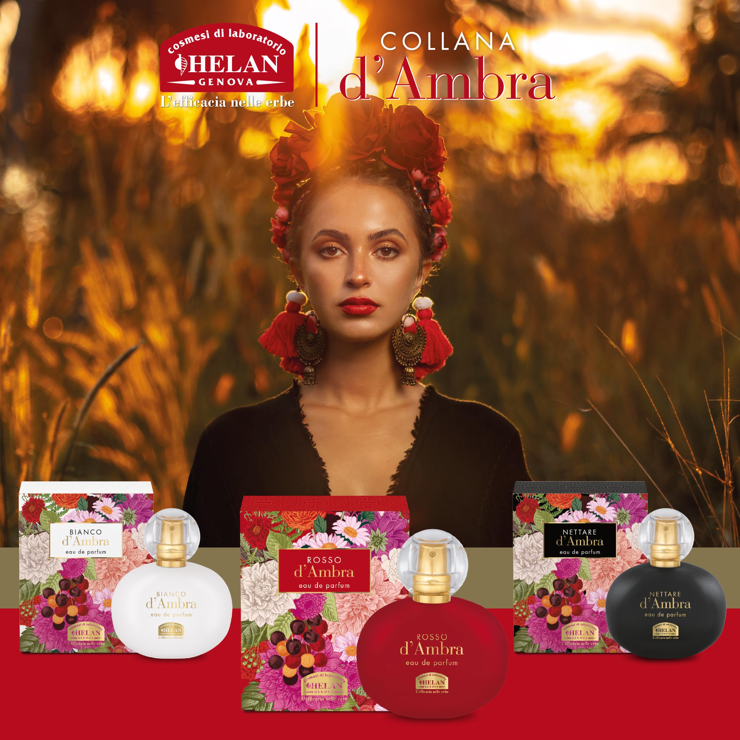 Helan, Rosso d'Ambra - Profumo Donna Avvolgente con Mandorle Dolci, Eau de Parfum Donna Fruttato Ambrato Legnoso, Profumi Donna dalle Note Equilibrate Dolci e Speziate, Fragranza Made in Italy, 50 ml