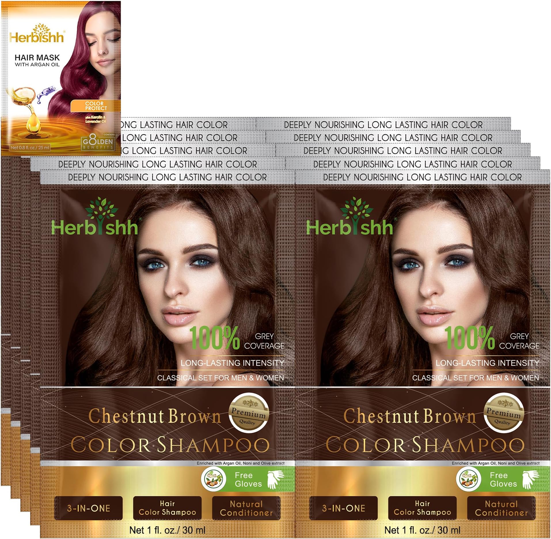 Hair Color Shampoo for Gray Hair– Hair Dye Shampoo with Argan Hair Mask–Travel size-Colors Hair in Minutes–Long lasting colour–10pack+1pack–Ammonia-Free (Chestnut Brown)