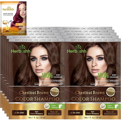 Herbishh Gray Hair Color Shampoo - Natural Argan Mask for Long-Lasting Color in Minutes - Travel Size, 10 Pack + 1 Pack, Ammonia-Free (Chestnut Brown)