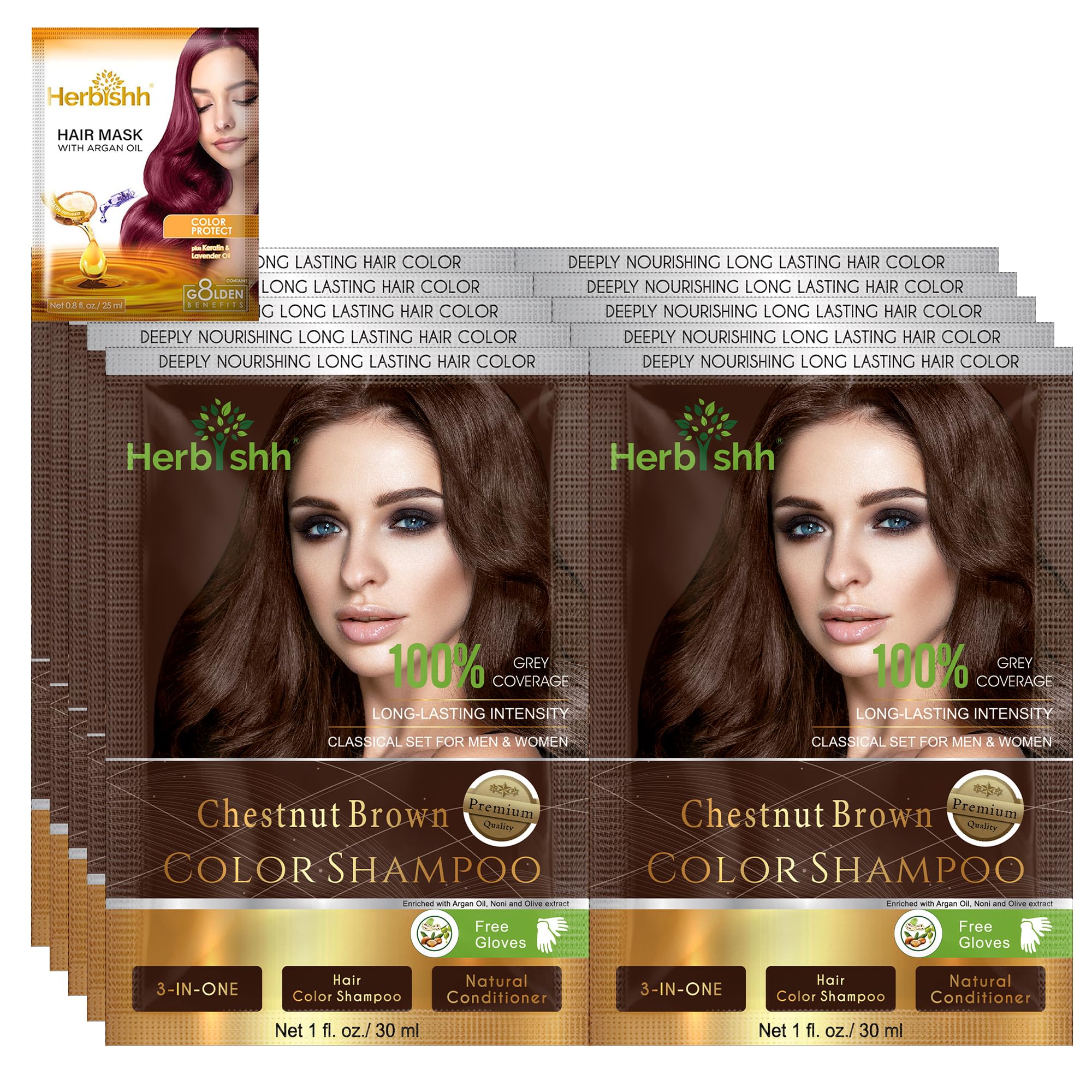 – Herbishh Hair Color Shampoo for Gray Hair– Hair Dye Shampoo with Argan Hair Mask–Travel size-Colors Hair in Minutes–Long lasting colour–10pack+1pack–Ammonia-Free (Chestnut Brown)